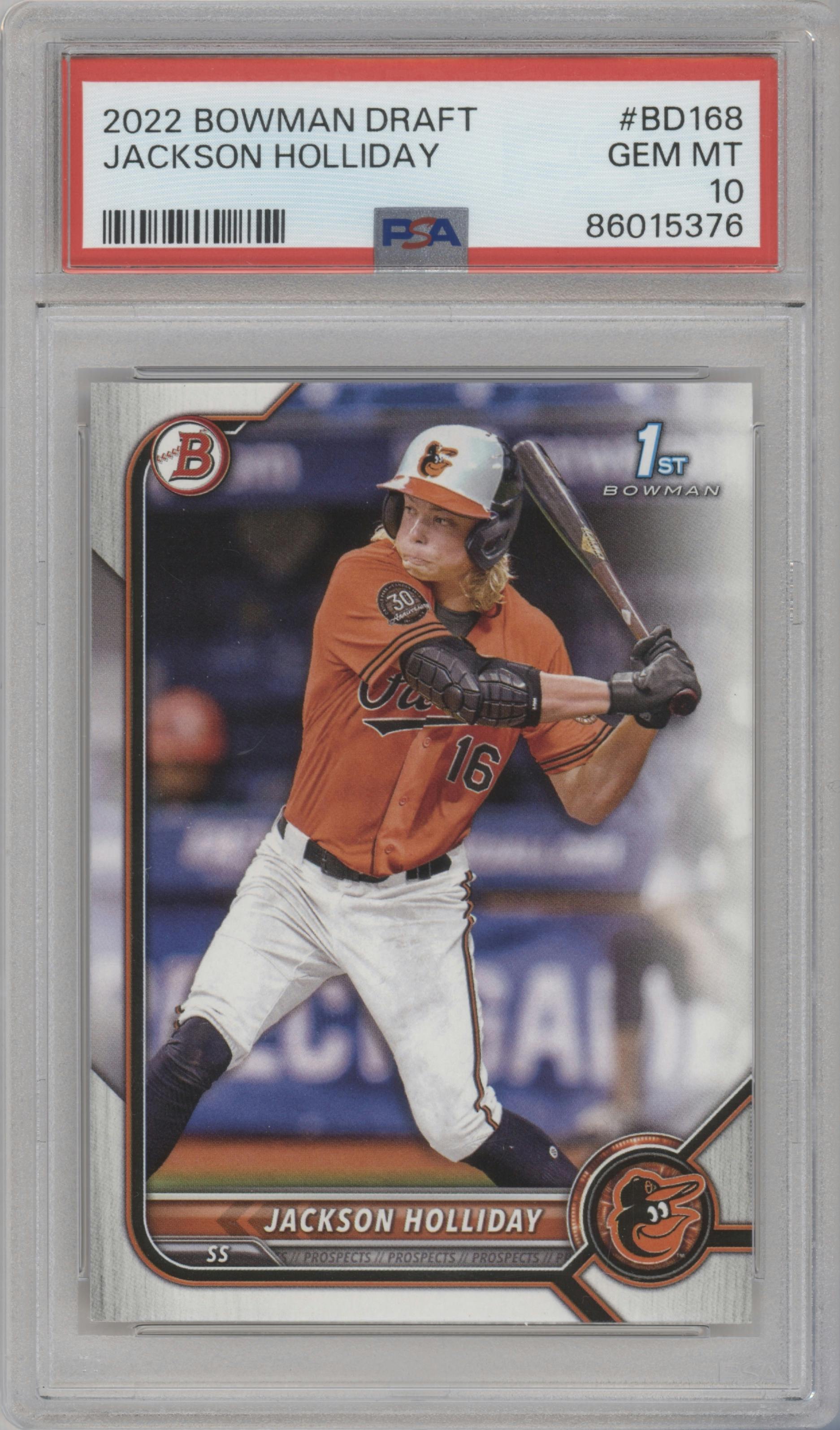 Jackson Holliday from the 2022 Bowman Draft set graded by PSA and given an overall grade of 10.
