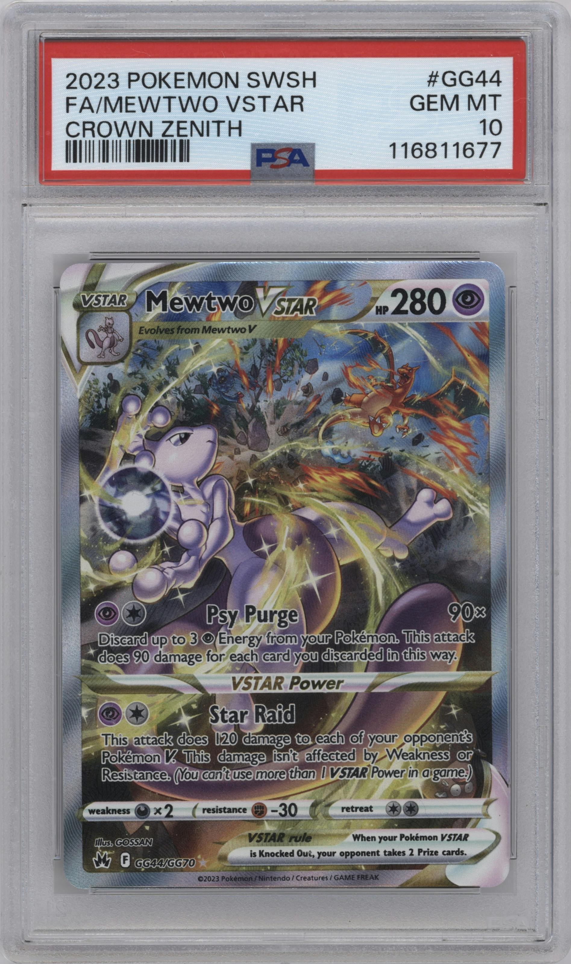 Mewtwo VSTAR from the 2023 Pokemon SWSH set graded by PSA and given an overall grade of 10.