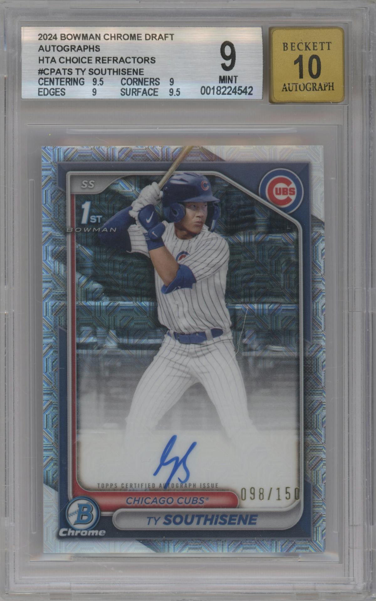 Ty Southisene from the 2024 Bowman Draft set featuring a HTA Choice Refractor parallel graded by Beckett and given an overall grade of 9.