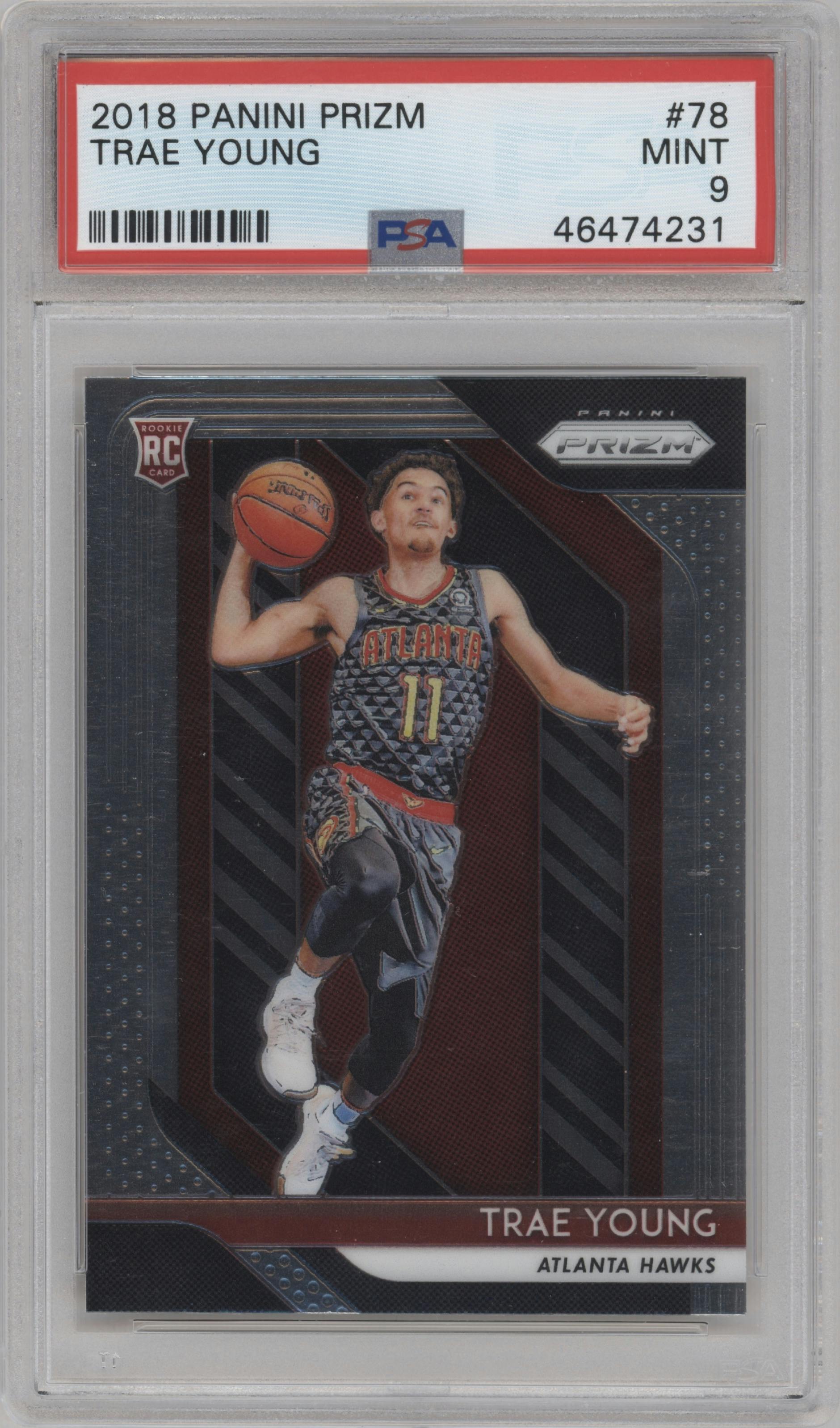 Trae Young from the 2018-19 Panini Prizm set graded by PSA and given an overall grade of 9.