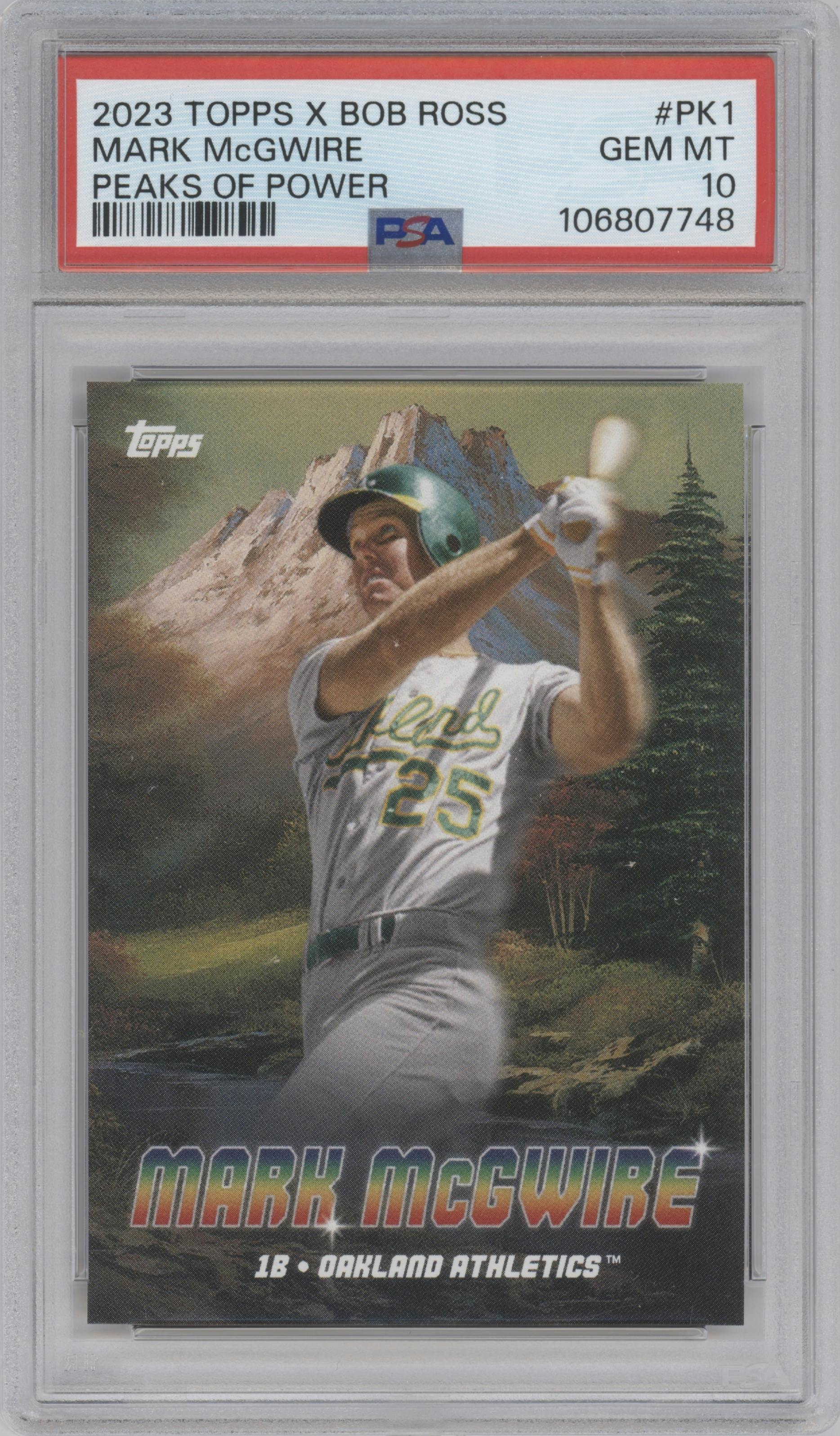 Mark McGwire from the 2023 Topps X Bob Ross The Joy of Baseball set graded by PSA and given an overall grade of 10.