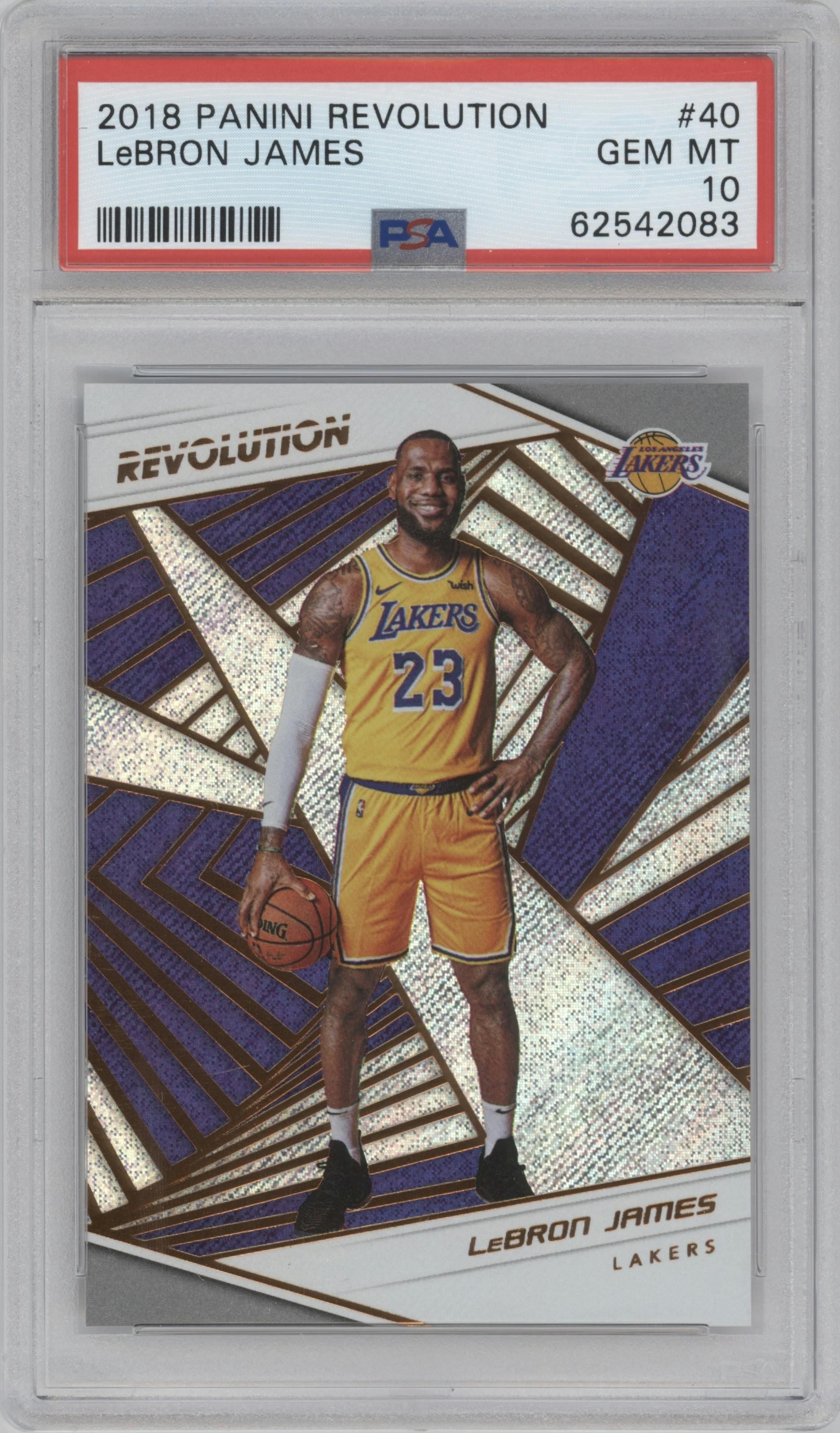 LeBron James from the 2018-19 Panini Revolution  set graded by PSA and given an overall grade of 10.