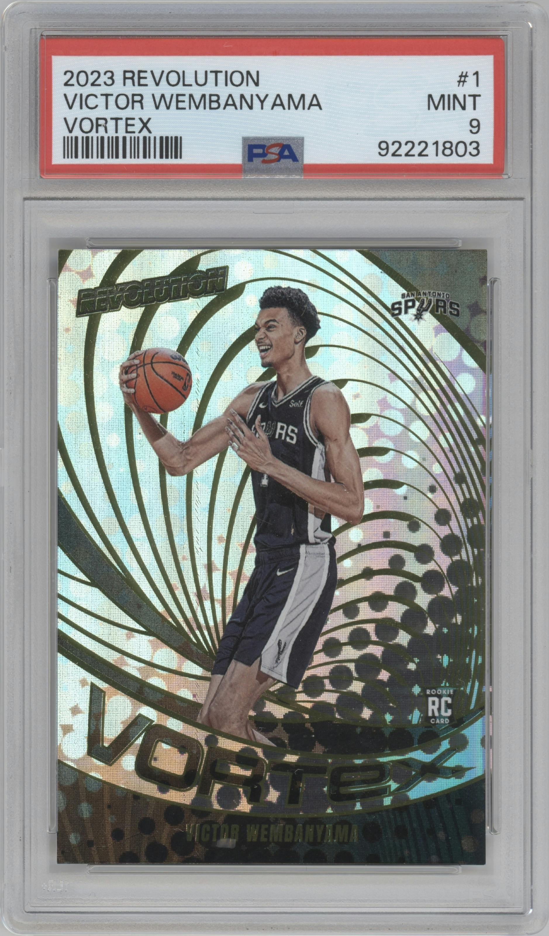 Victor Wembanyama from the 2023-24 Panini Revolution set graded by PSA and given an overall grade of 9.