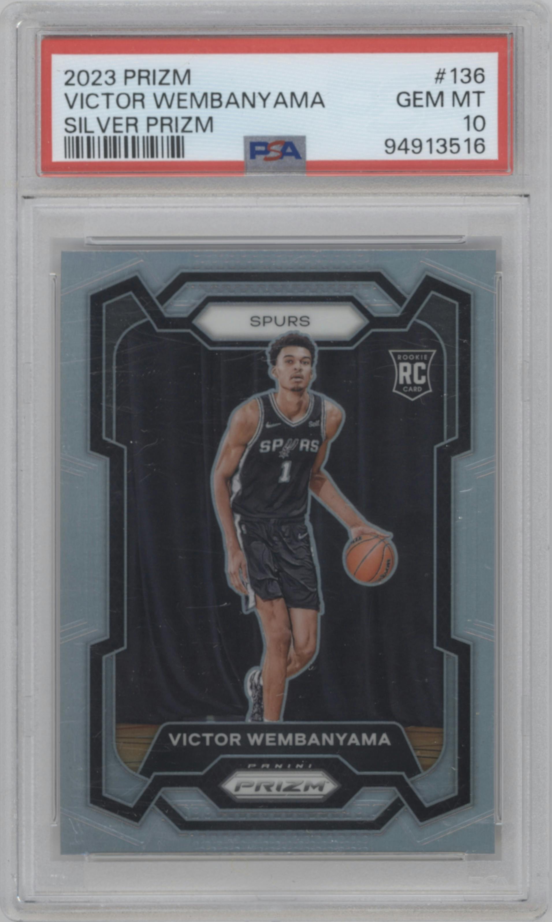 Victor Wembanyama from the 2023-24 Panini Prizm set featuring a Silver Prizm  parallel graded by PSA and given an overall grade of 10.