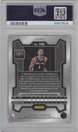 Victor Wembanyama from the 2023-24 Panini Prizm set featuring a Silver Prizm  parallel graded by PSA and given an overall grade of 10.