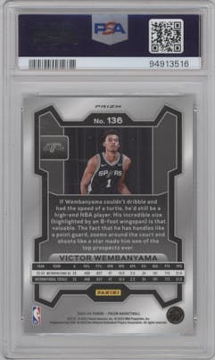 Victor Wembanyama from the 2023-24 Panini Prizm set featuring a Silver Prizm  parallel graded by PSA and given an overall grade of 10.