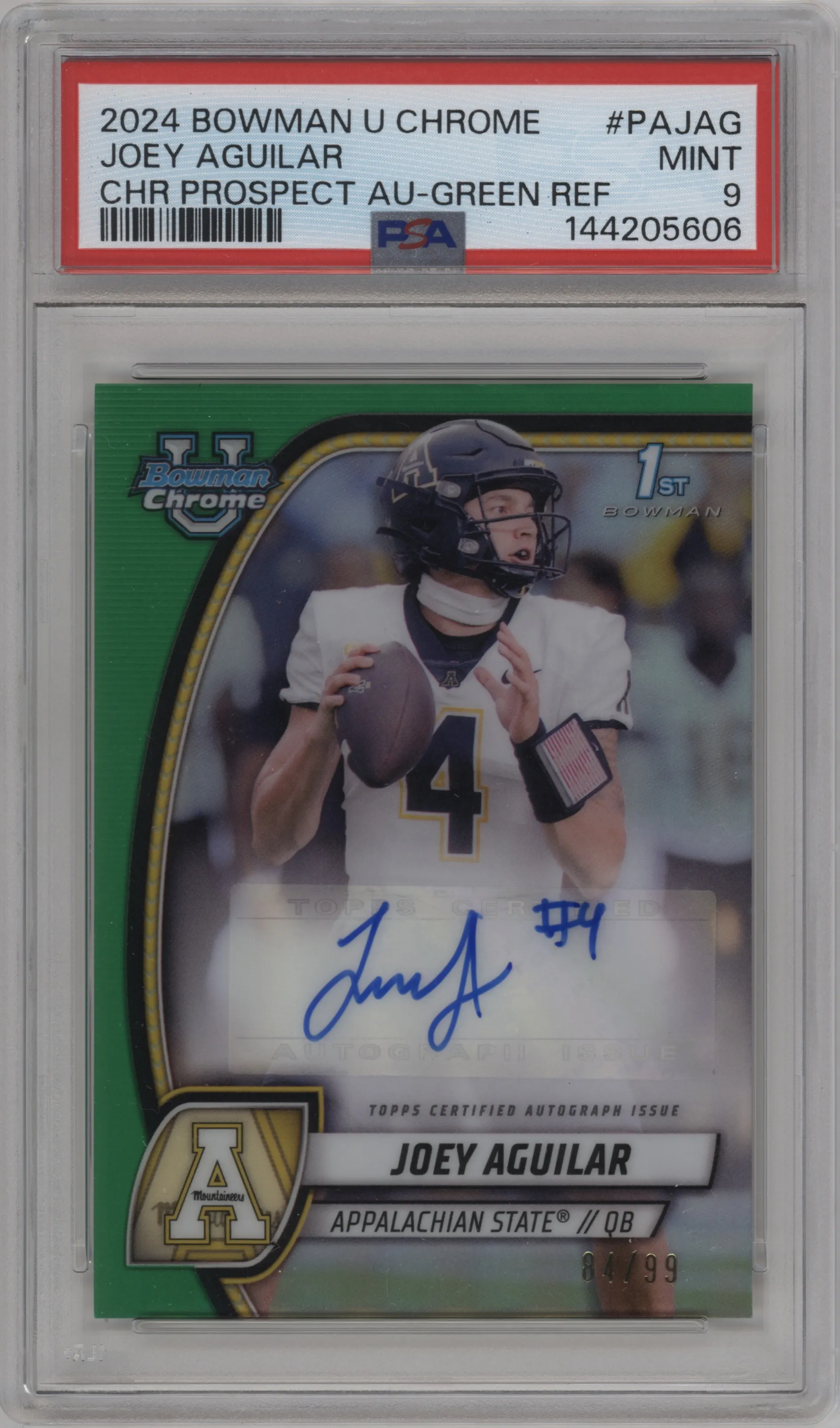 2024 Bowman University Chrome Pros.Auto Joey Aguilar Green Refractor #PA-JAG PSA 9