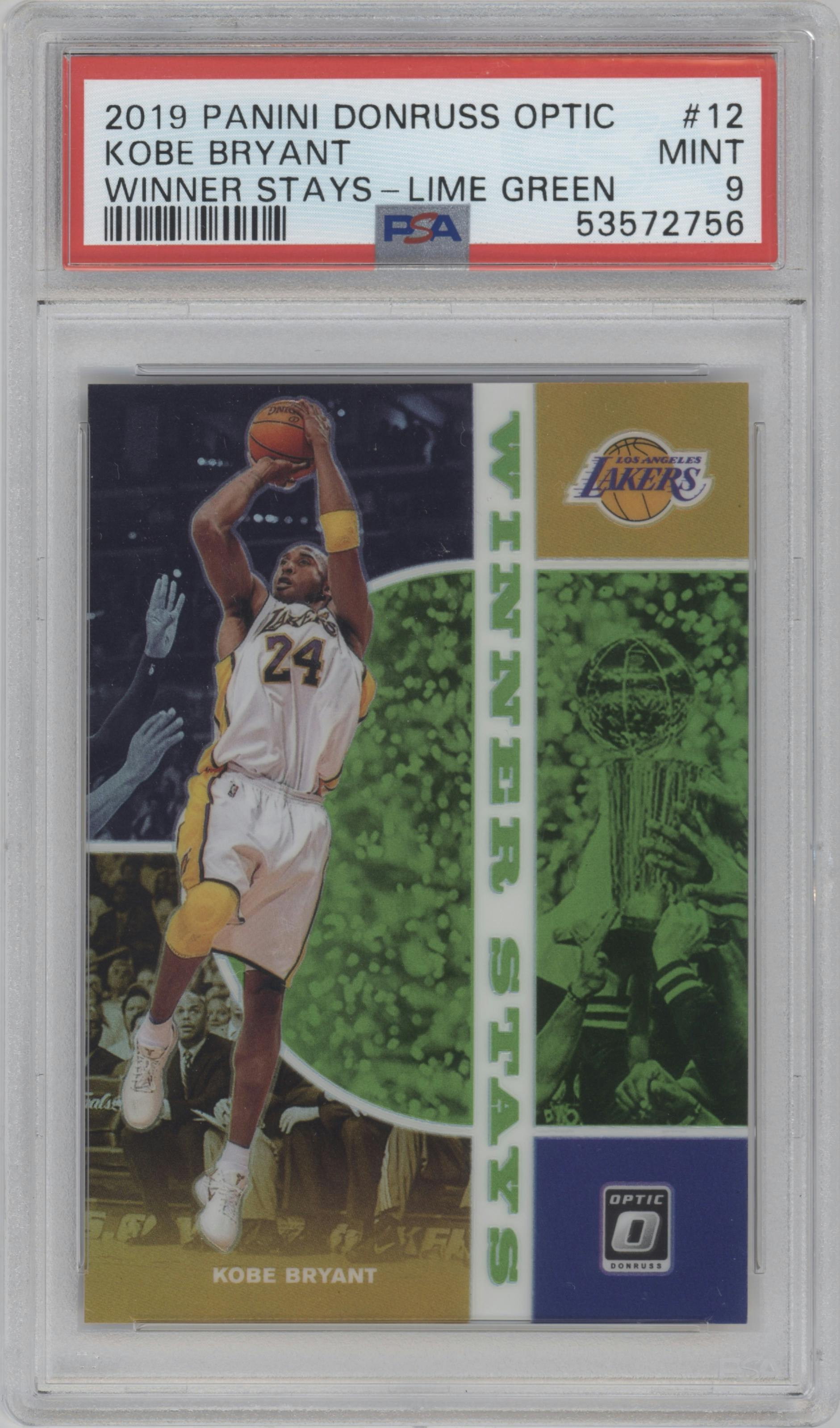 Kobe Bryant from the 2019-20 Panini Donruss Optic set featuring a Lime Green parallel graded by PSA and given an overall grade of 9.