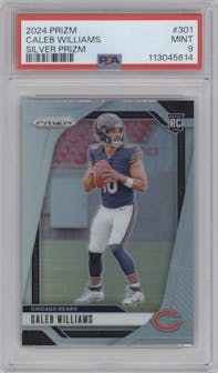Caleb Williams from the 2024 Panini Prizm set featuring a Silver Prizm parallel graded by PSA and given an overall grade of 9.