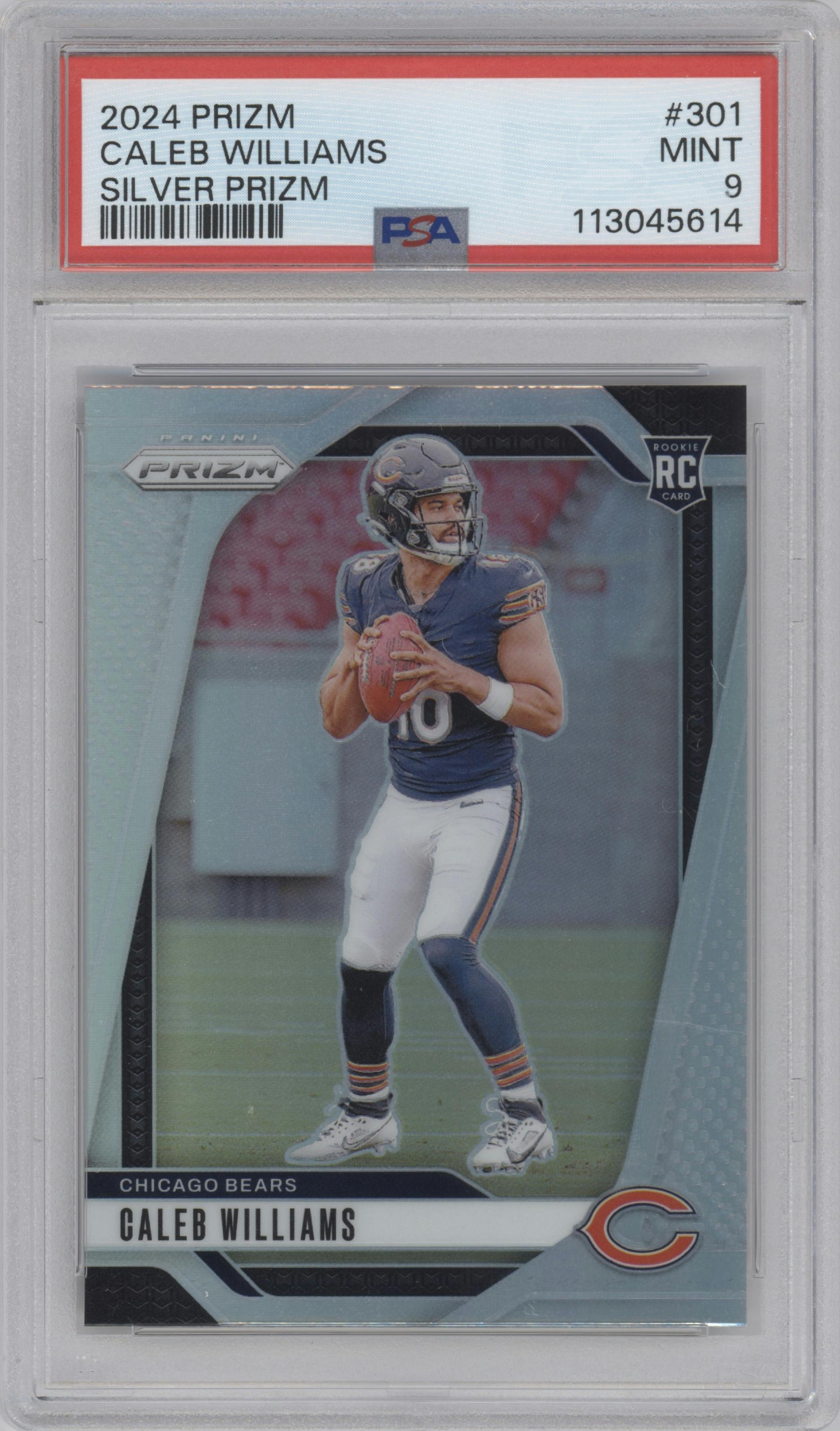 Caleb Williams from the 2024 Panini Prizm set featuring a Silver Prizm parallel graded by PSA and given an overall grade of 9.
