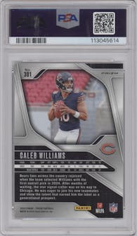 Caleb Williams from the 2024 Panini Prizm set featuring a Silver Prizm parallel graded by PSA and given an overall grade of 9.