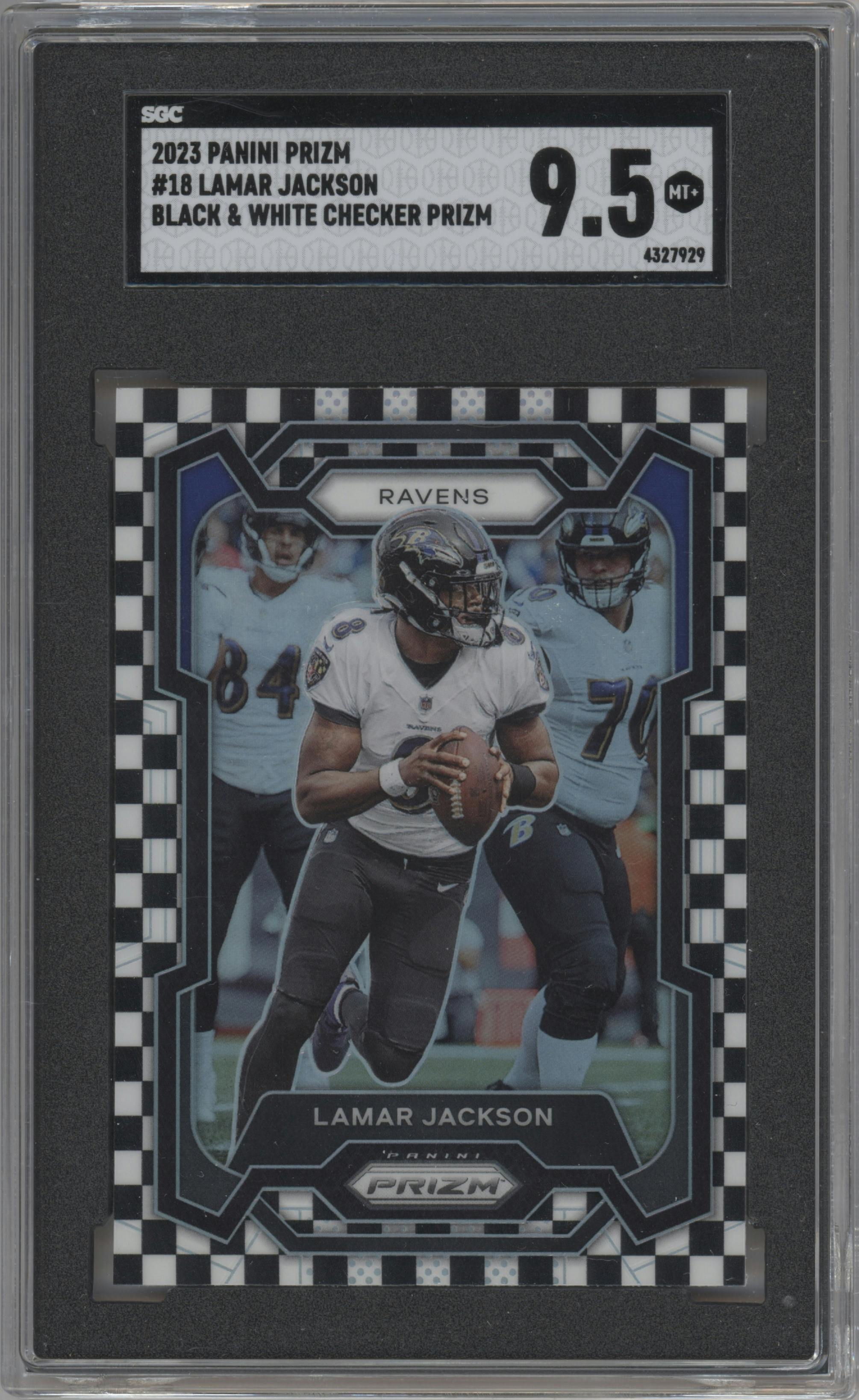 Lamar Jackson from the 2023 Panini Prizm set featuring a Black/White Checker parallel graded by SGC and given an overall grade of 9.5.