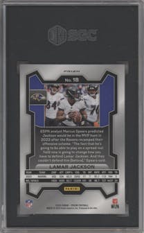 Lamar Jackson from the 2023 Panini Prizm set featuring a Black/White Checker parallel graded by SGC and given an overall grade of 9.5.