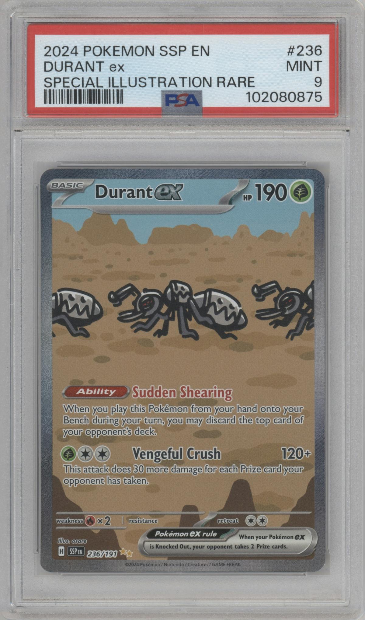 Durant ex from the 2024 Pokemon SV set graded by PSA and given an overall grade of 9.
