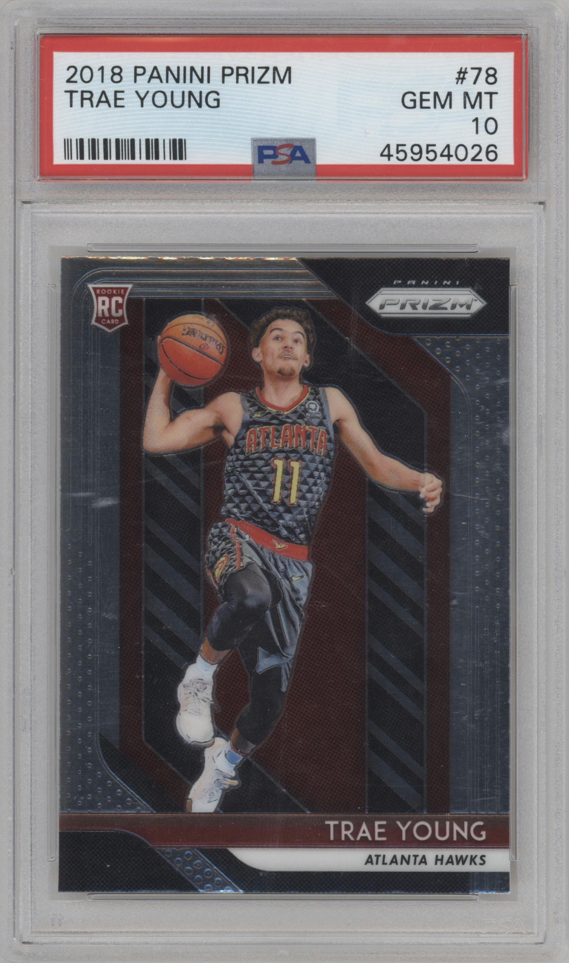 Trae Young from the 2018-19 Panini Prizm set graded by PSA and given an overall grade of 10.