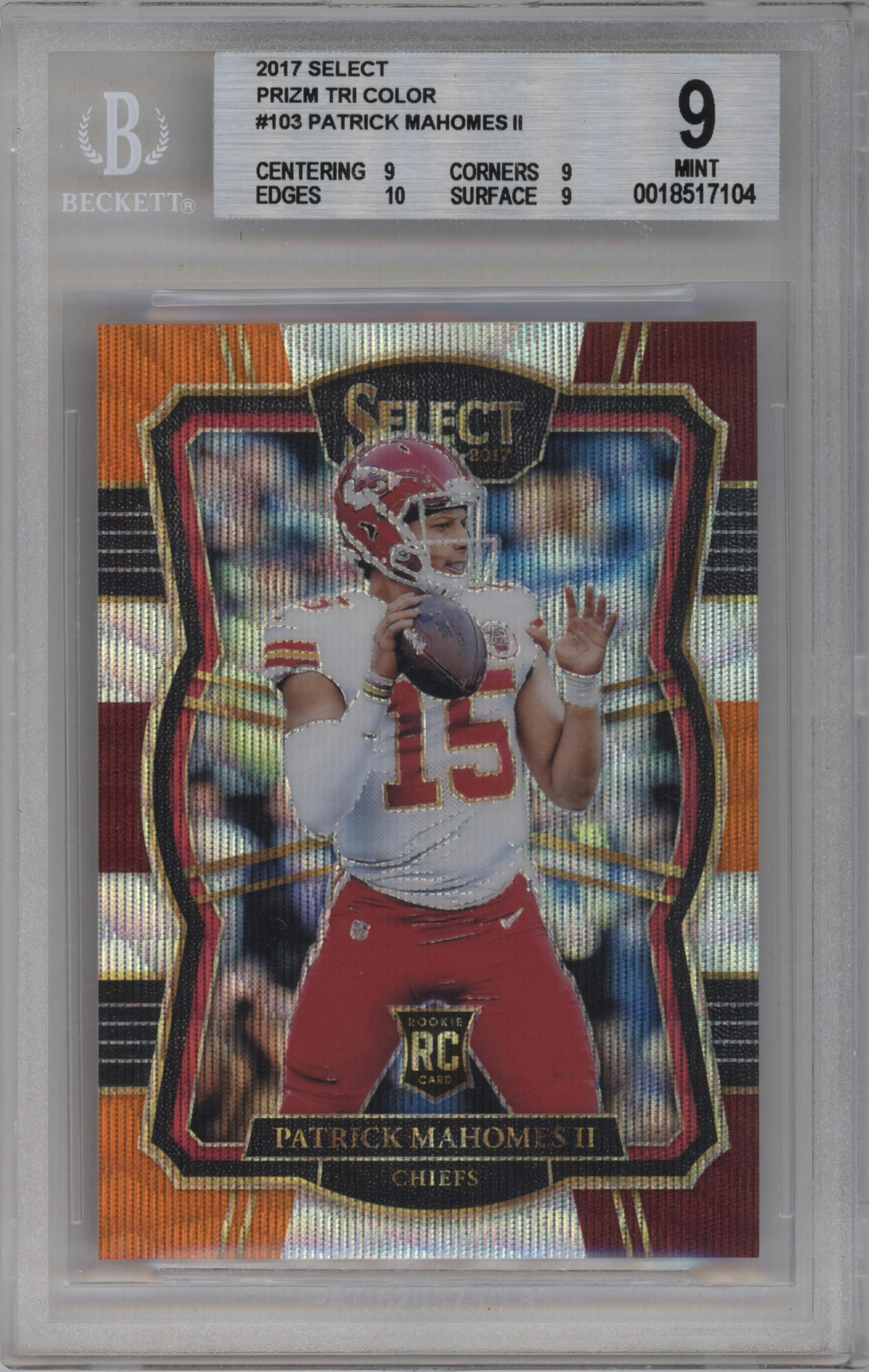 Patrick Mahomes II from the 2017 Panini Select set featuring a Tri-Color parallel graded by Beckett and given an overall grade of 9.