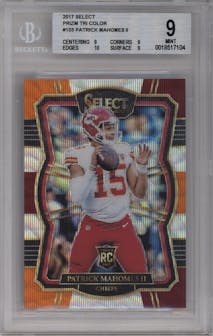 Patrick Mahomes II from the 2017 Panini Select set featuring a Tri-Color parallel graded by Beckett and given an overall grade of 9.