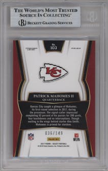 Patrick Mahomes II from the 2017 Panini Select set featuring a Tri-Color parallel graded by Beckett and given an overall grade of 9.