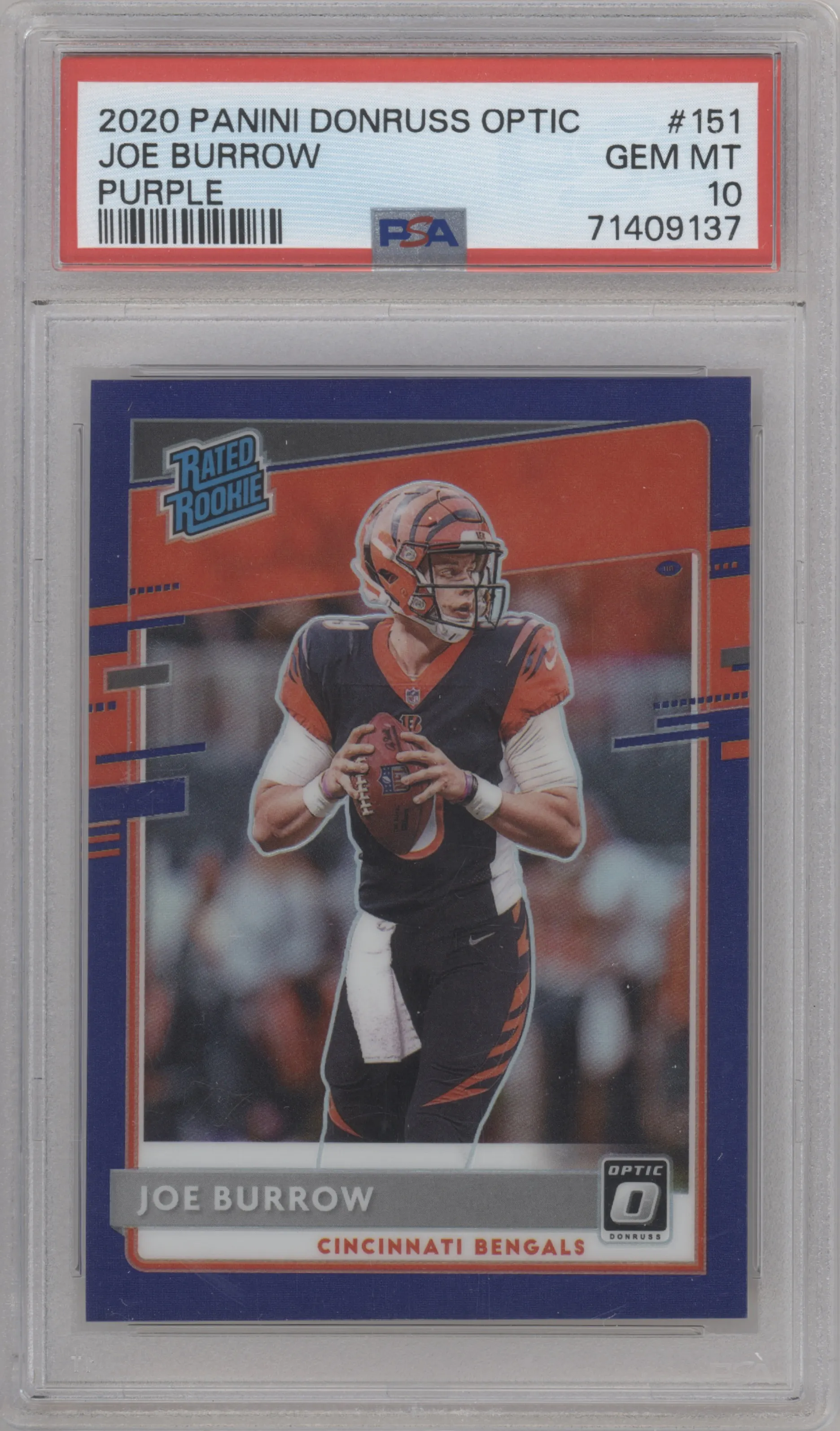 2020 Panini Donruss Optic Rated Rookie Joe Burrow Purple PSA 10