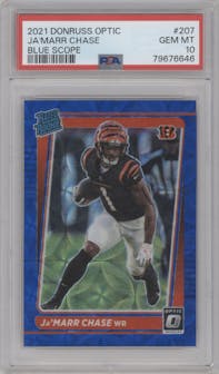 Ja'Marr Chase from the 2021 Panini Donruss Optic set featuring a Blue Scope parallel graded by PSA and given an overall grade of 10.