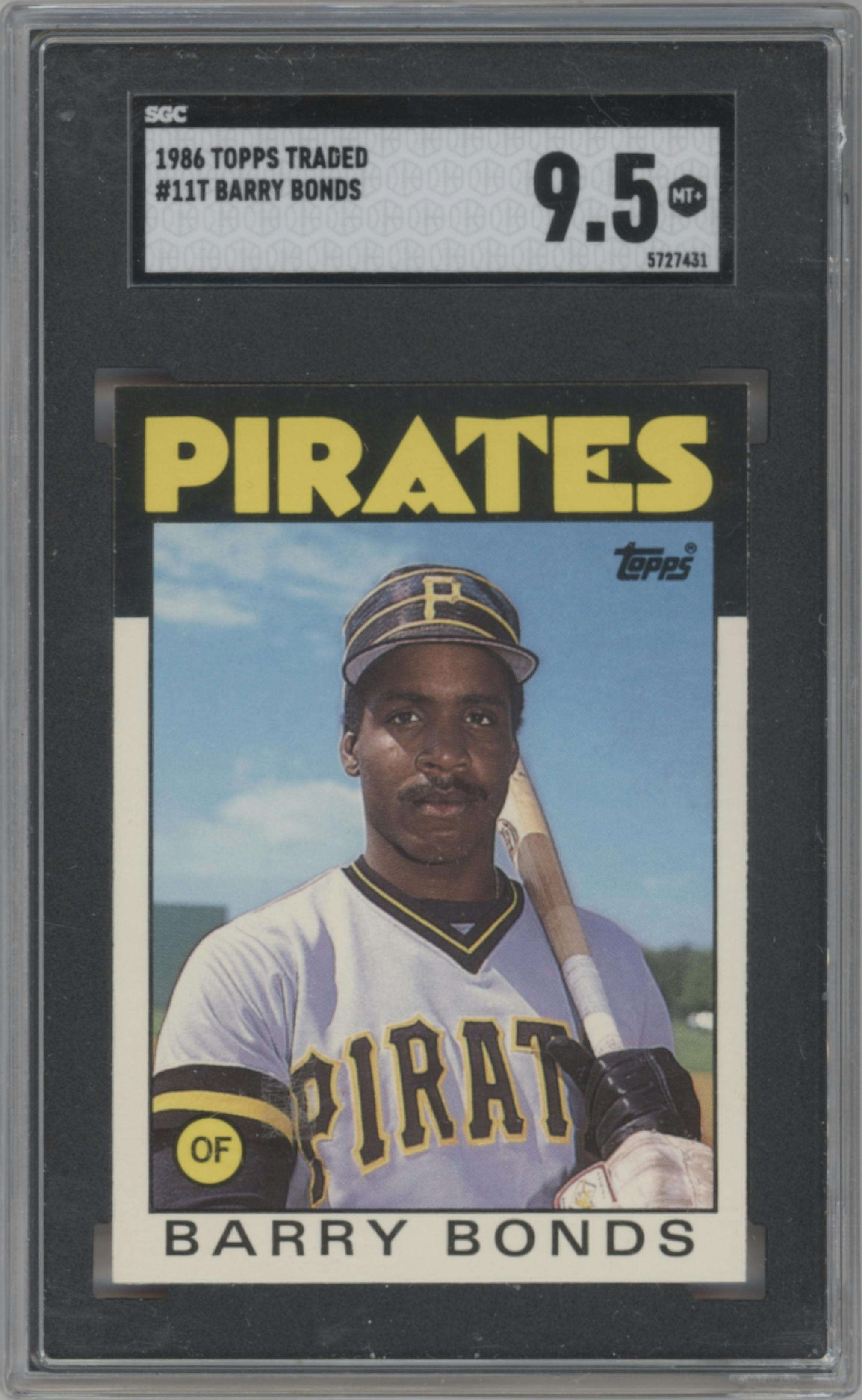 Barry Bonds from the 1986 Topps Traded set graded by SGC and given an overall grade of 9.5.