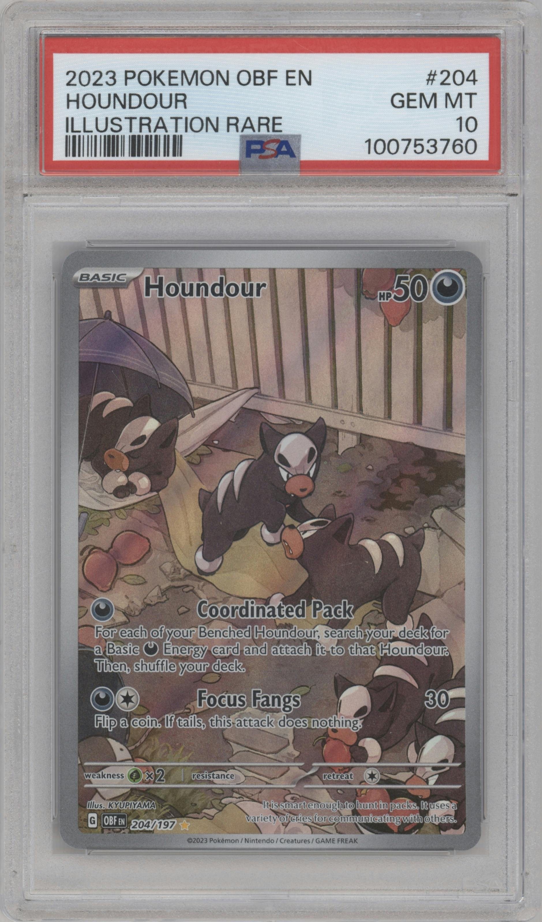 Houndour from the 2023 Pokemon SV set graded by PSA and given an overall grade of 10.