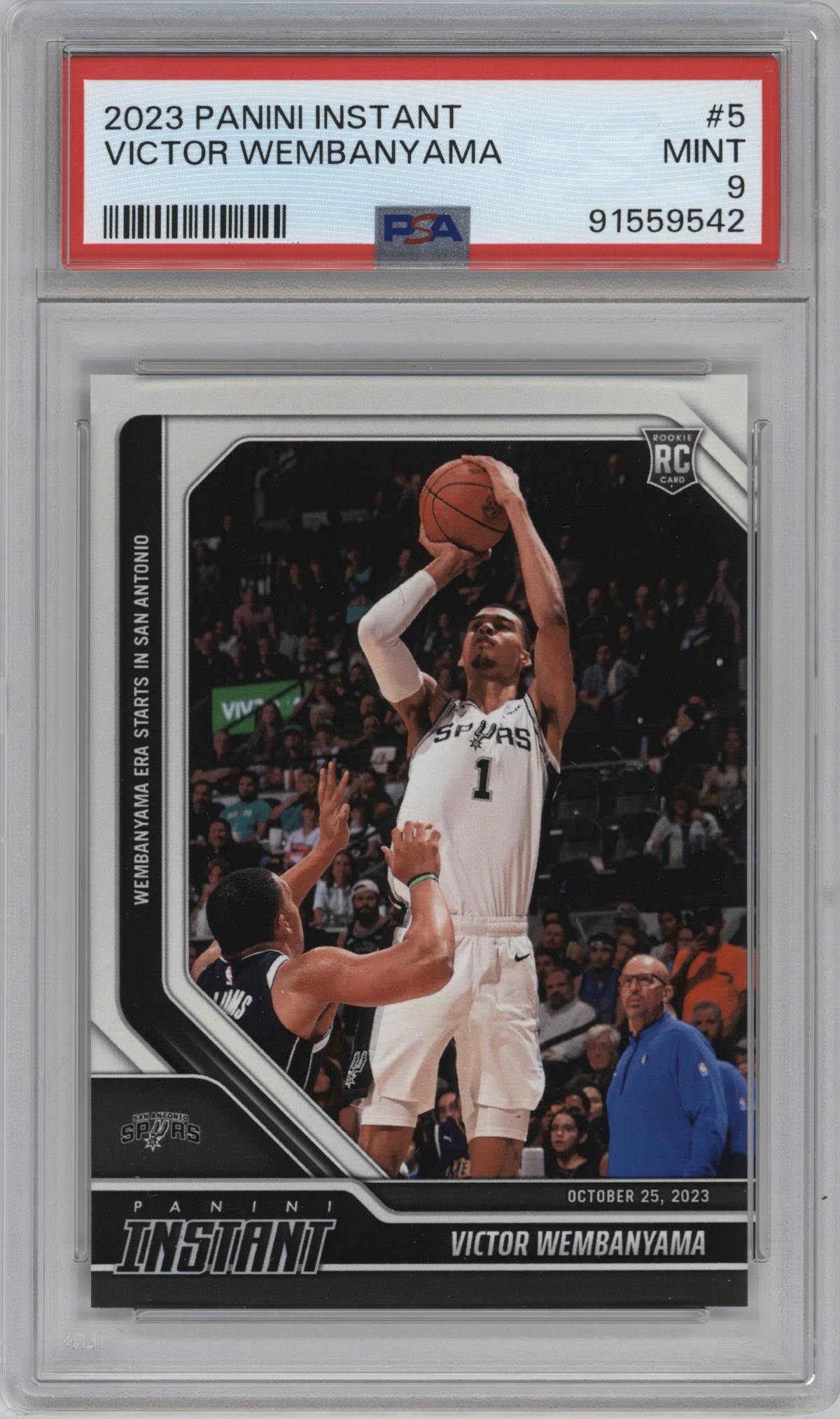 Victor Wembanyama from the 2023-24 Panini Instant NBA set graded by PSA and given an overall grade of 9.