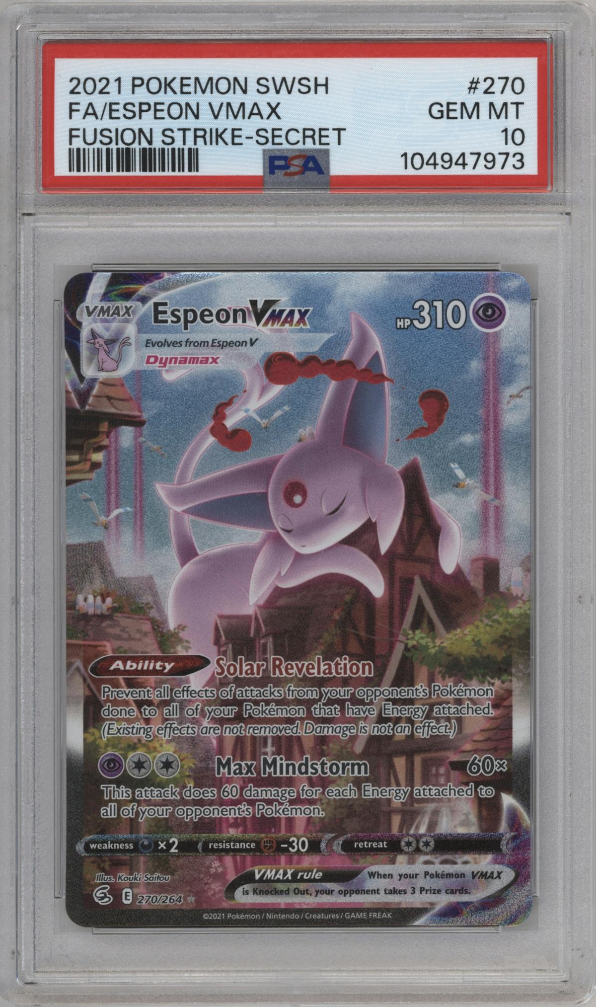 Espeon VMAX from the 2021 Pokemon SWSH set graded by PSA and given an overall grade of 10.
