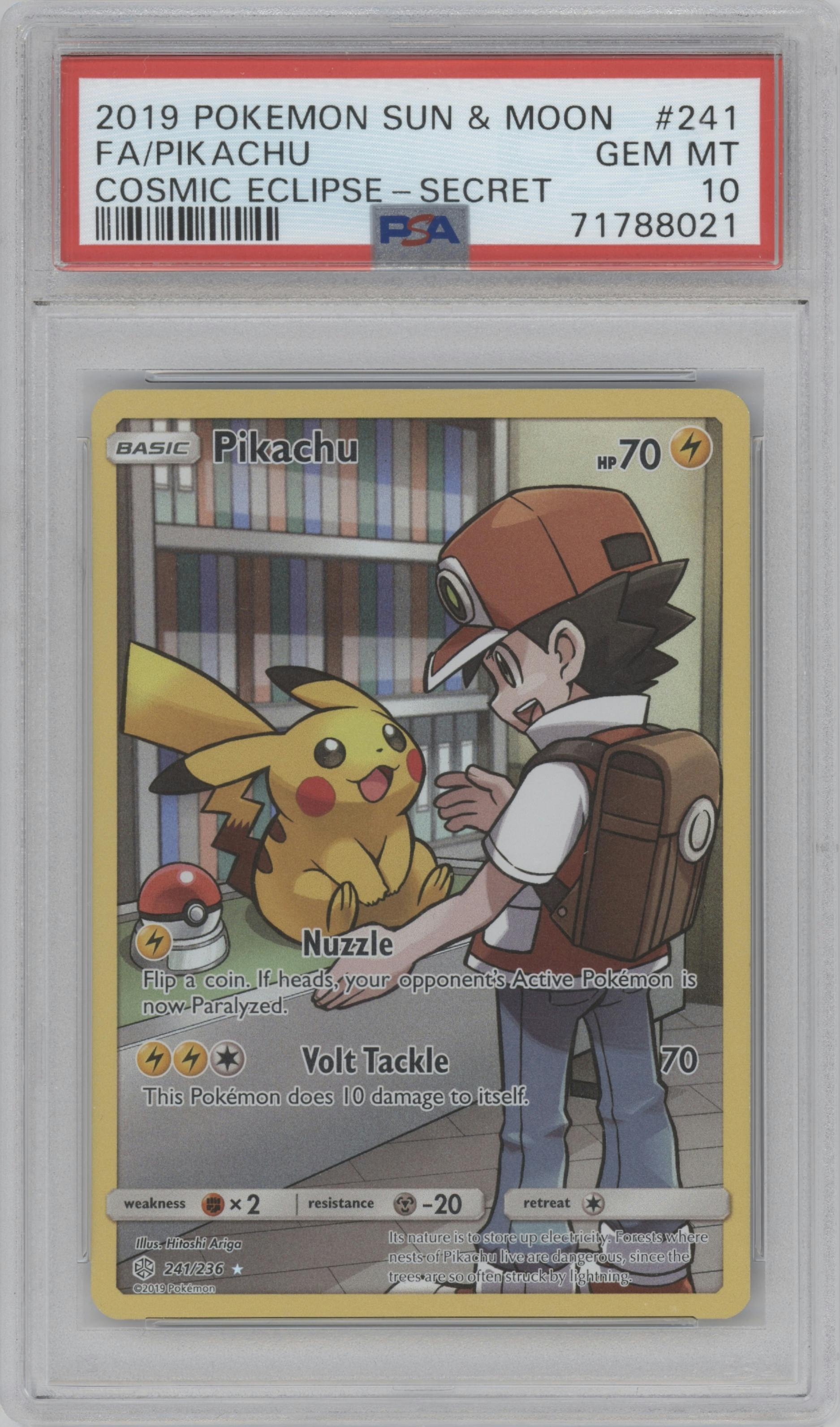 Pikachu from the 2019 Pokemon S&M  set graded by PSA and given an overall grade of 10.