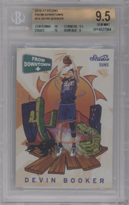 Devin Booker from the 2016-17 Panini Studio set graded by Beckett and given an overall grade of 9.5.