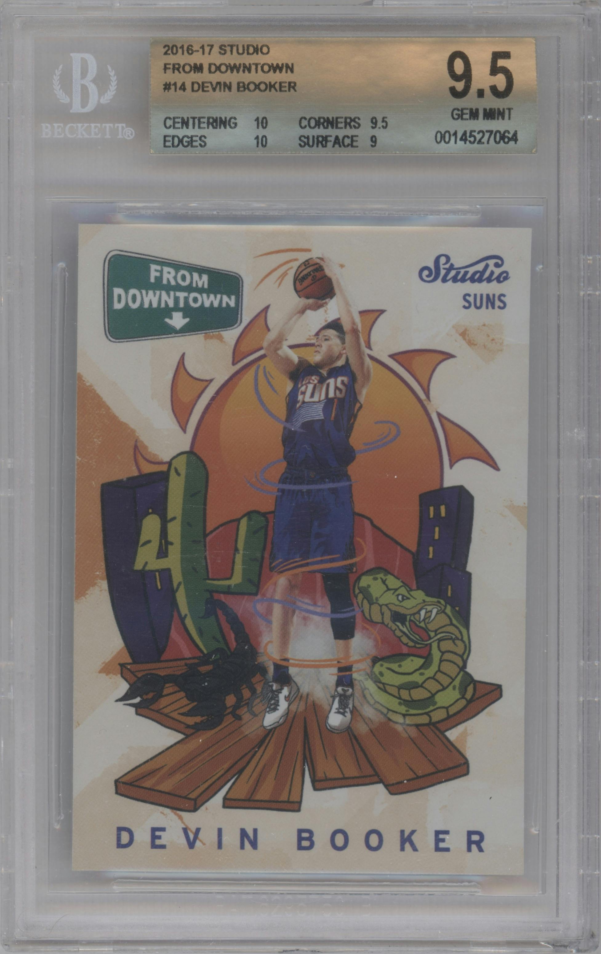 Devin Booker from the 2016-17 Panini Studio set graded by Beckett and given an overall grade of 9.5.