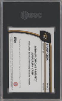 Brady Cook  from the 2024 Bowman University Chrome set featuring a Refractor parallel graded by SGC and given an overall grade of 9.
