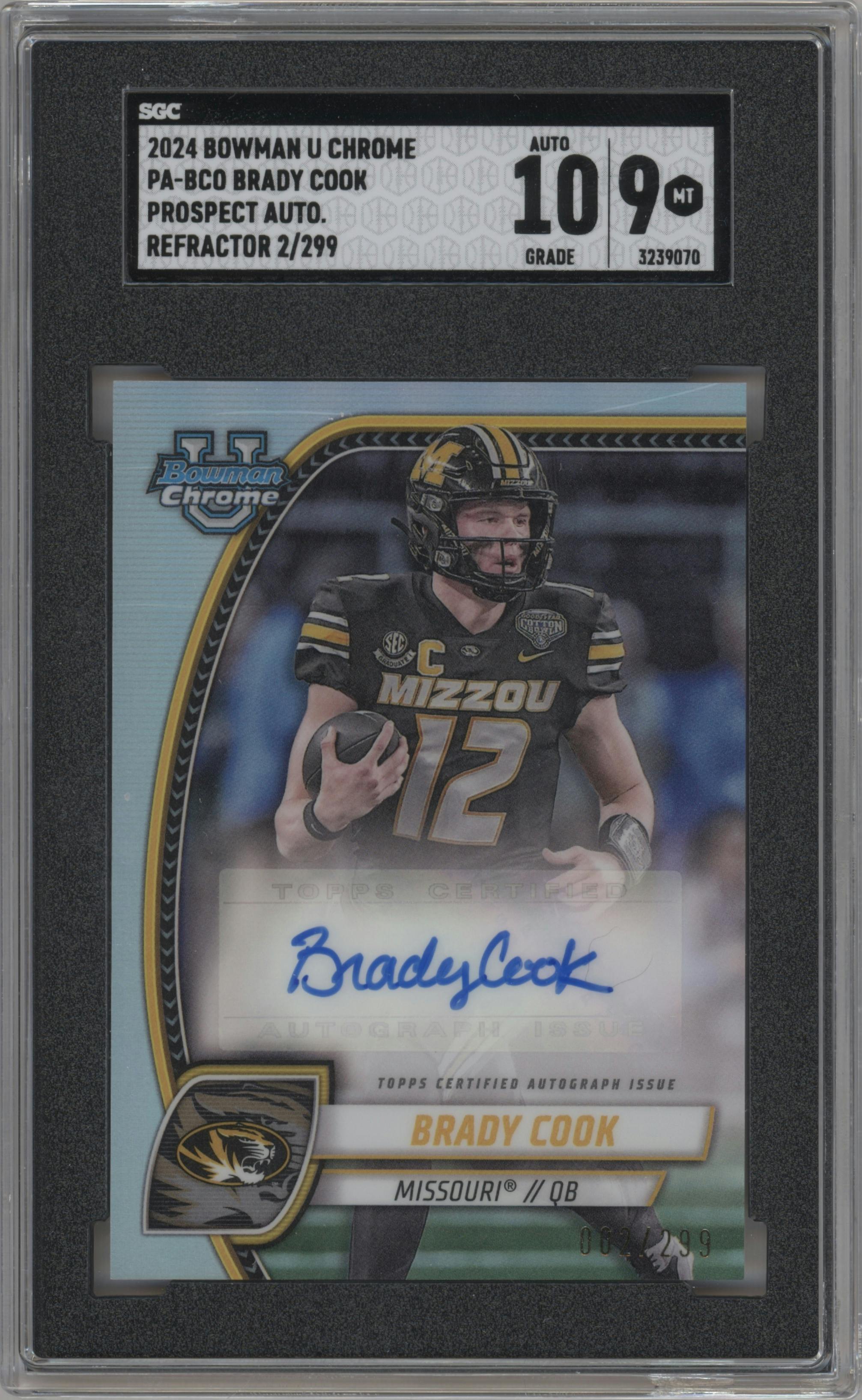 Brady Cook  from the 2024 Bowman University Chrome set featuring a Refractor parallel graded by SGC and given an overall grade of 9.