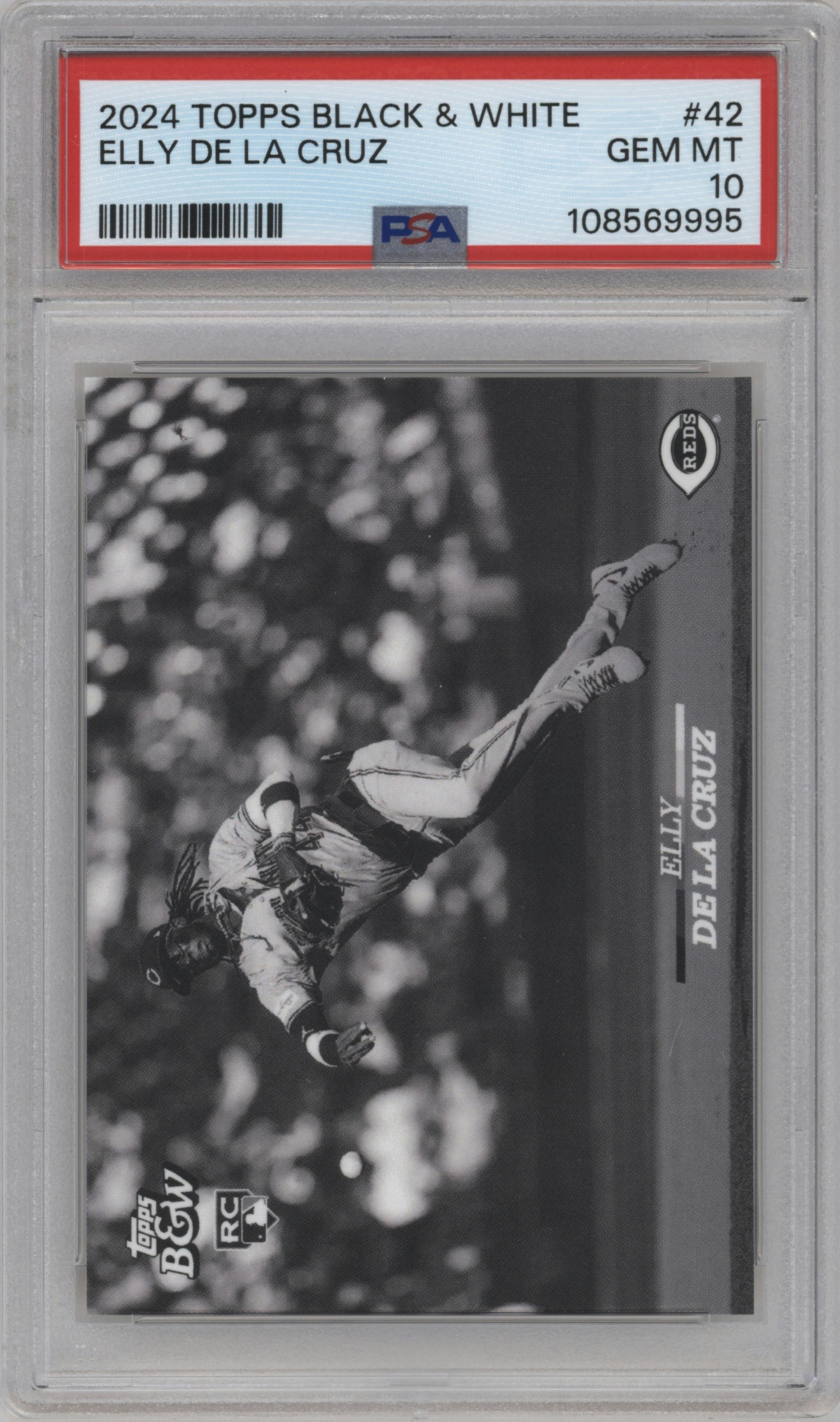 Elly De La Cruz  from the 2024 Topps Black & White set graded by PSA and given an overall grade of 10.