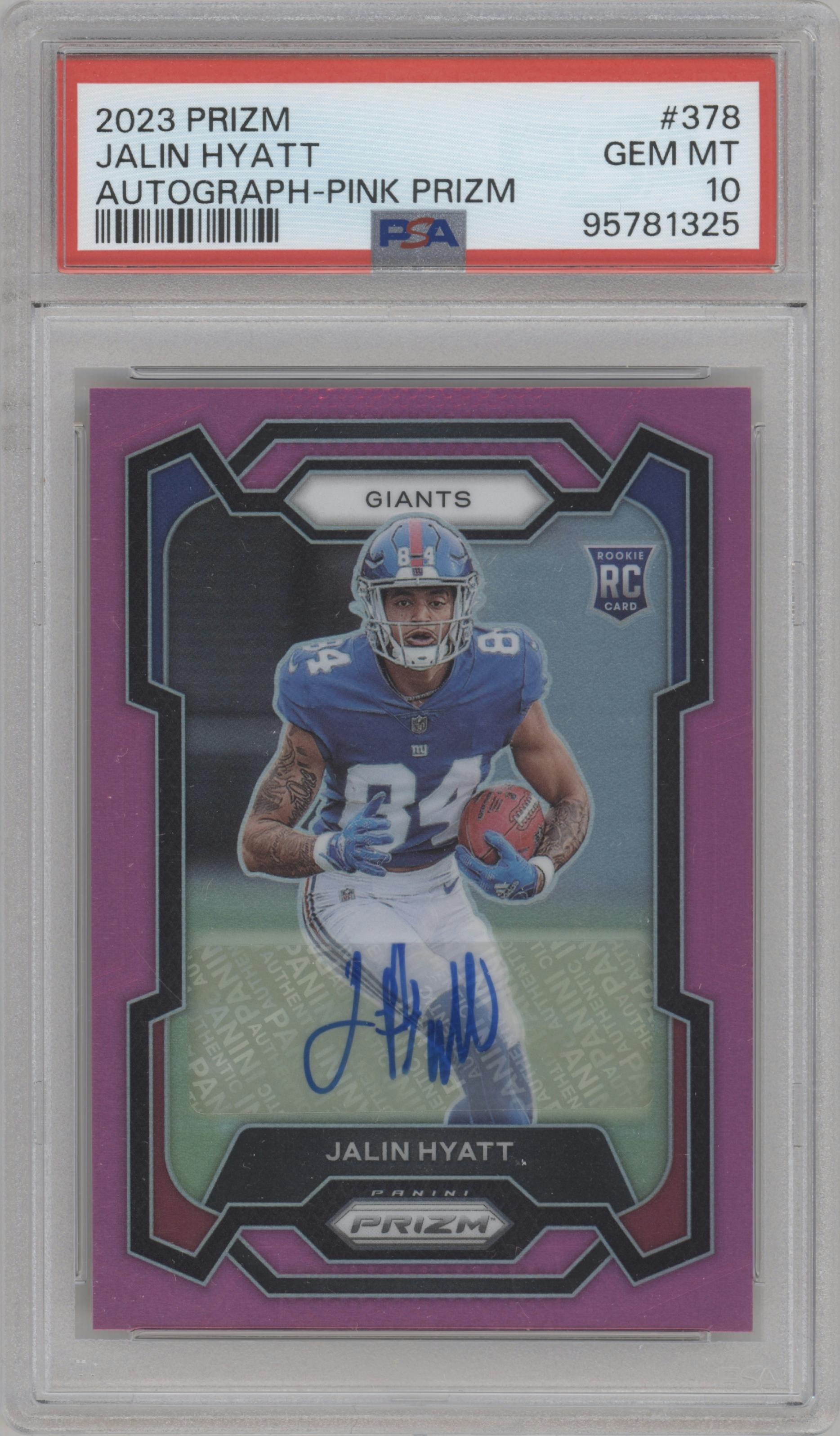 Jalin Hyatt from the 2023 Panini Prizm set featuring a Pink Prizm parallel graded by PSA and given an overall grade of 10.