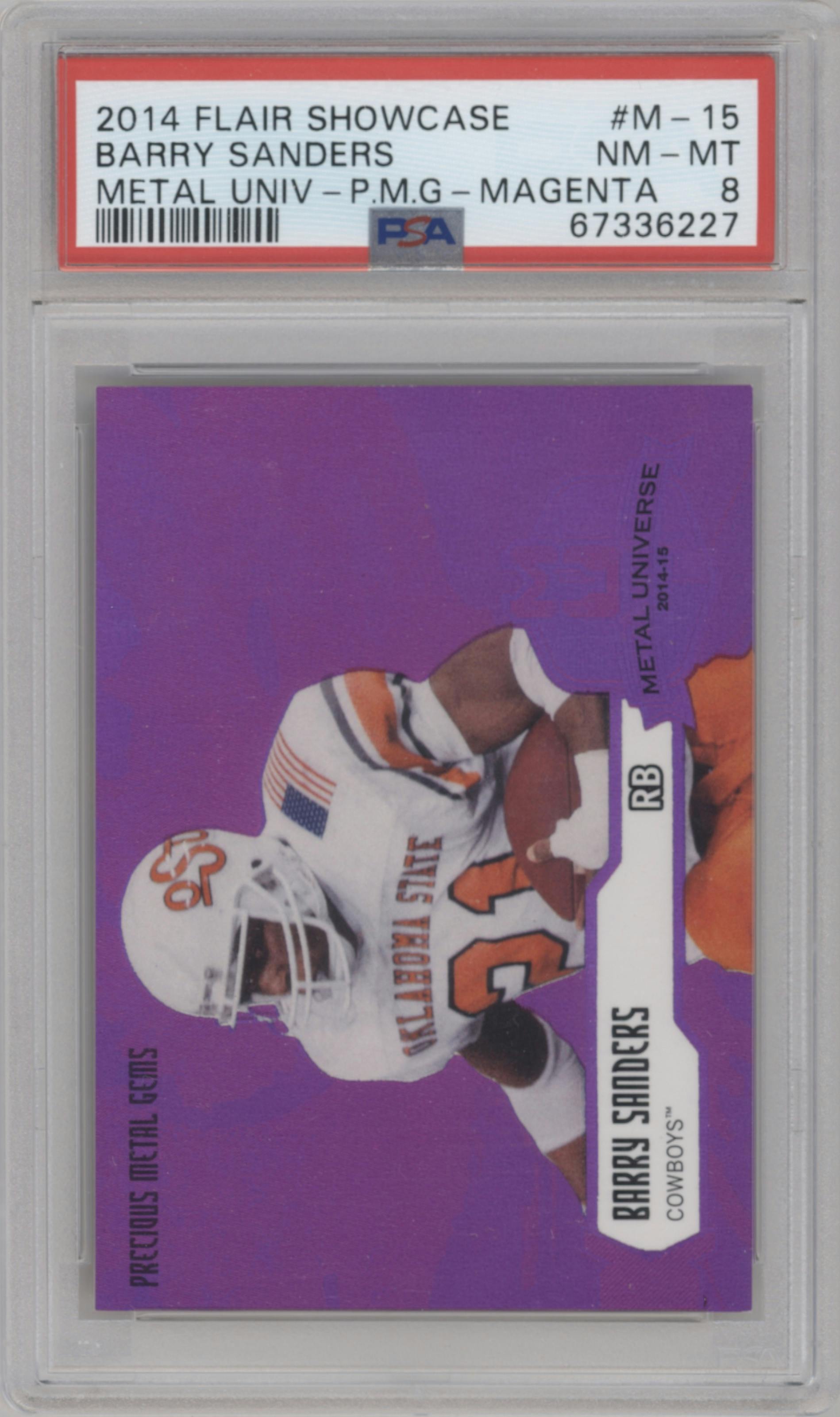 Barry Sanders from the 2014 Flair Showcase set featuring a PMG Magenta parallel graded by PSA and given an overall grade of 8.