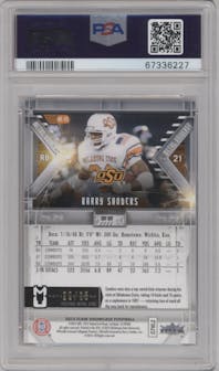 Barry Sanders from the 2014 Flair Showcase set featuring a PMG Magenta parallel graded by PSA and given an overall grade of 8.