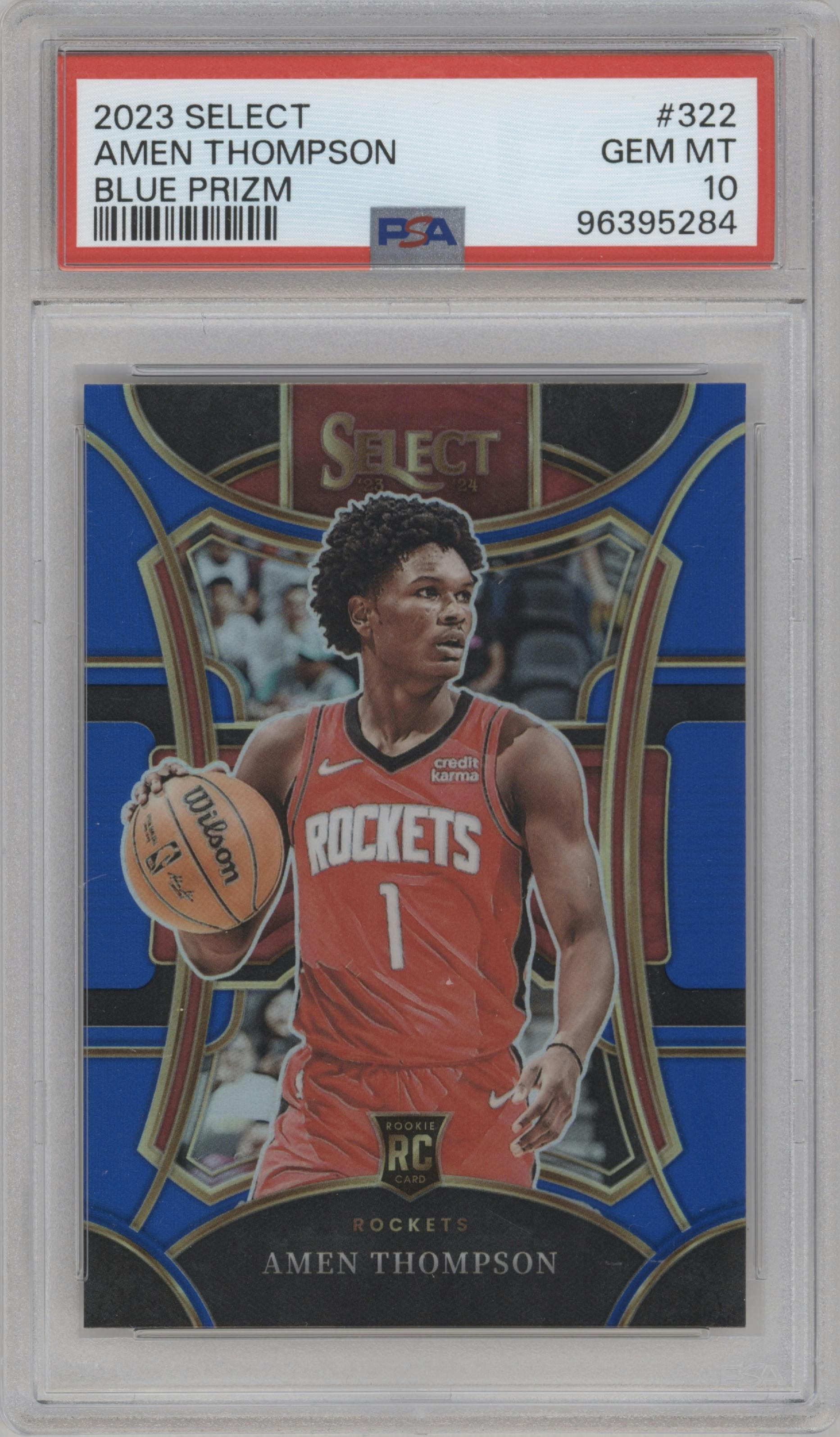 Amen Thompson from the 2023-24 Panini Select  set featuring a Blue Prizm parallel graded by PSA and given an overall grade of 10.