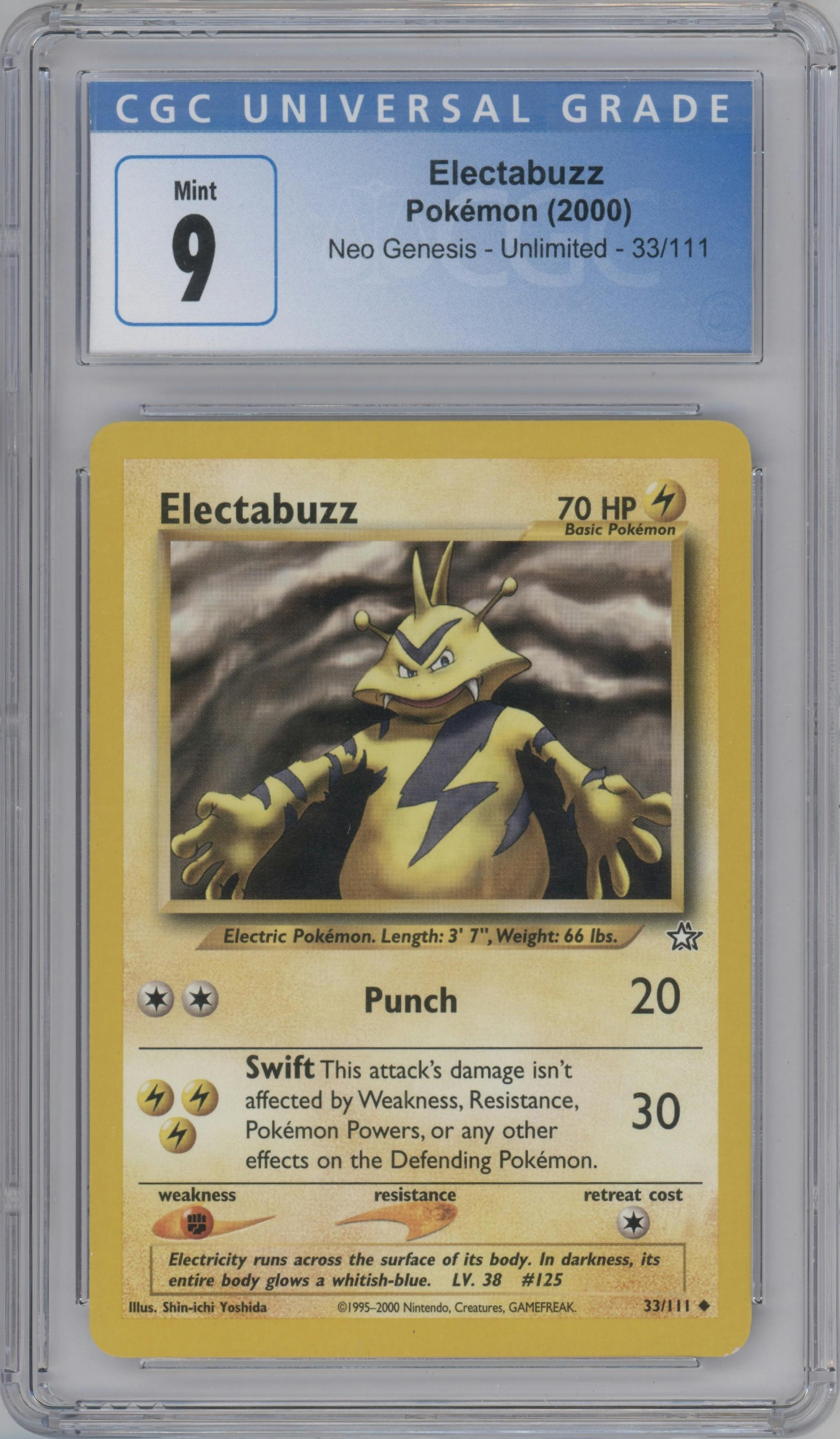 Electabuzz from the 2000 Pokemon Neo Genesis set graded by CSG and given an overall grade of 9.