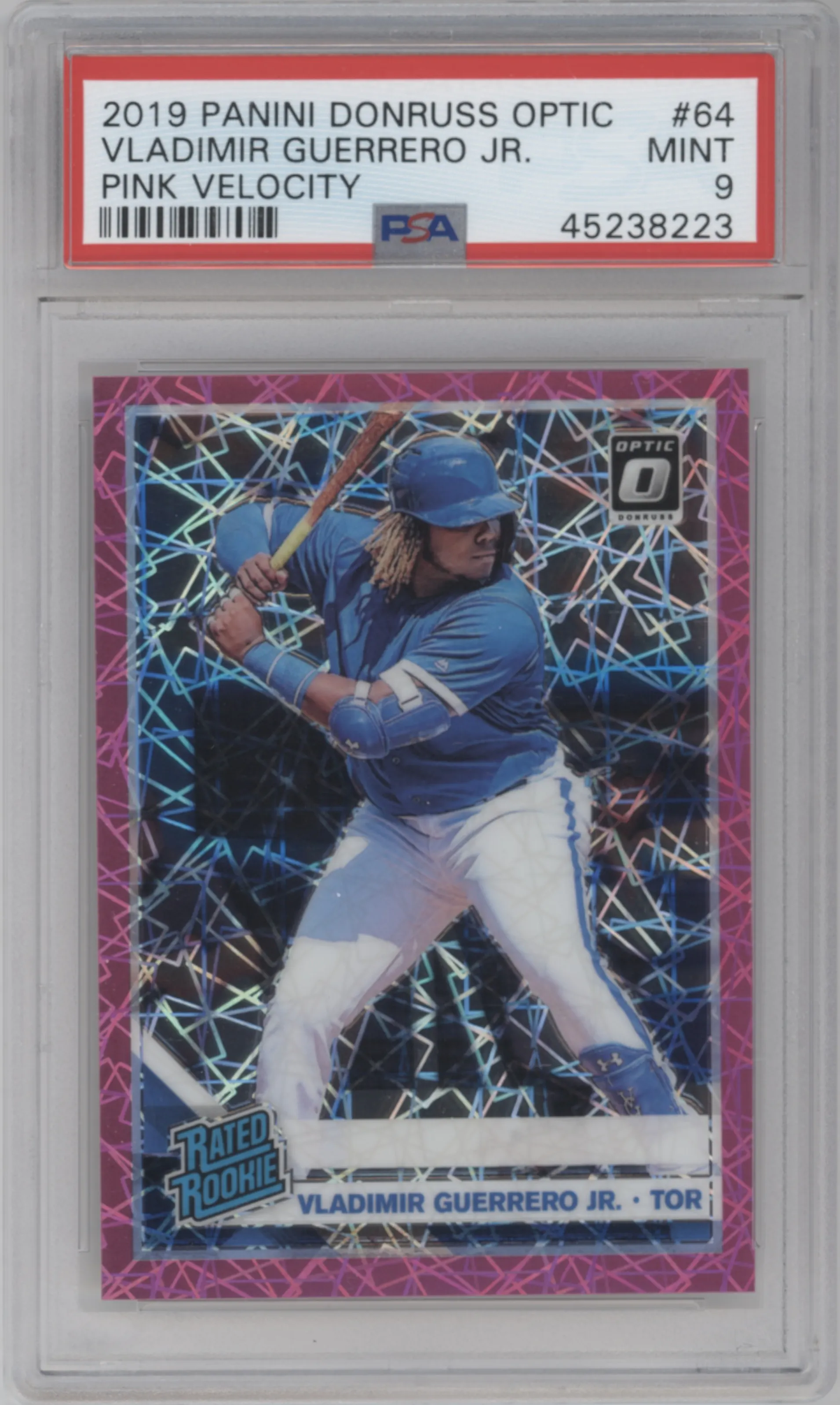 Vladimir Guerrero Jr. from the 2019 Panini Donruss Optic set featuring a Pink Velocity parallel graded by PSA and given an overall grade of 9.