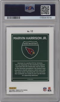 Marvin Harrison Jr. from the 2024 Donruss Optic set graded by PSA and given an overall grade of 9.