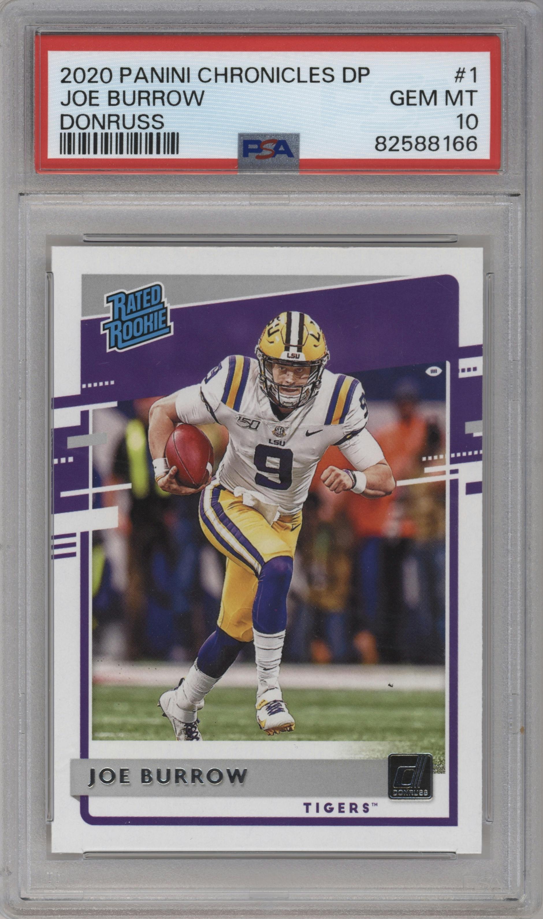 Joe Burrow from the 2020 Panini Chronicles Draft Picks  set graded by PSA and given an overall grade of 10.