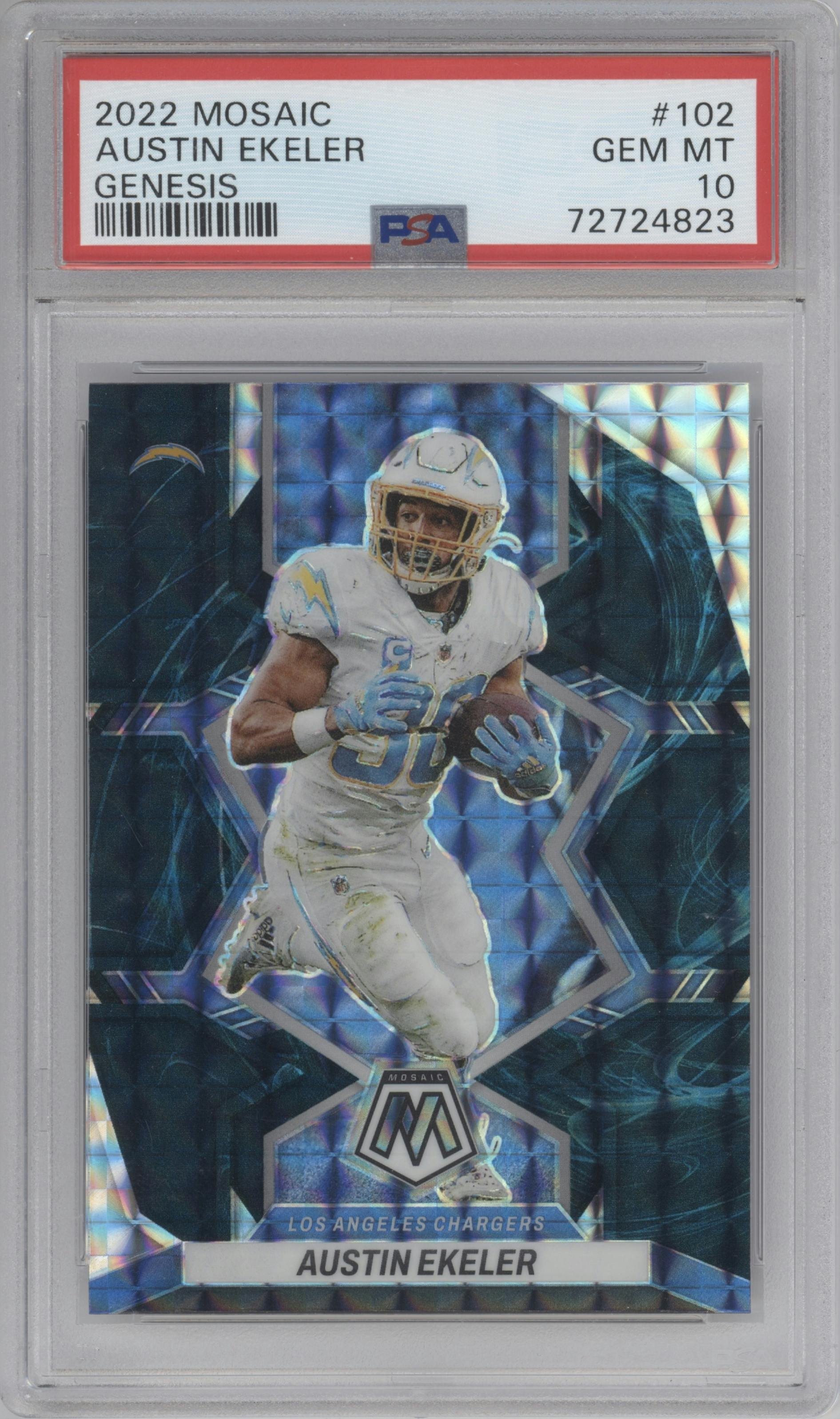 Austin Ekeler from the 2022 Panini Mosaic set featuring a Genesis parallel graded by PSA and given an overall grade of 10.