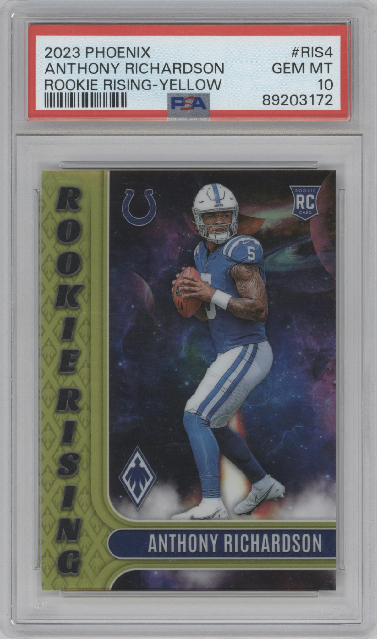 Anthony Richardson from the 2023 Panini Phoenix set featuring a Yellow parallel graded by PSA and given an overall grade of 10.