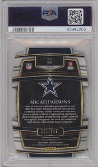 Micah Parsons from the 2021 Panini Select set featuring a Die-Cut Neon Green parallel graded by PSA and given an overall grade of 10.