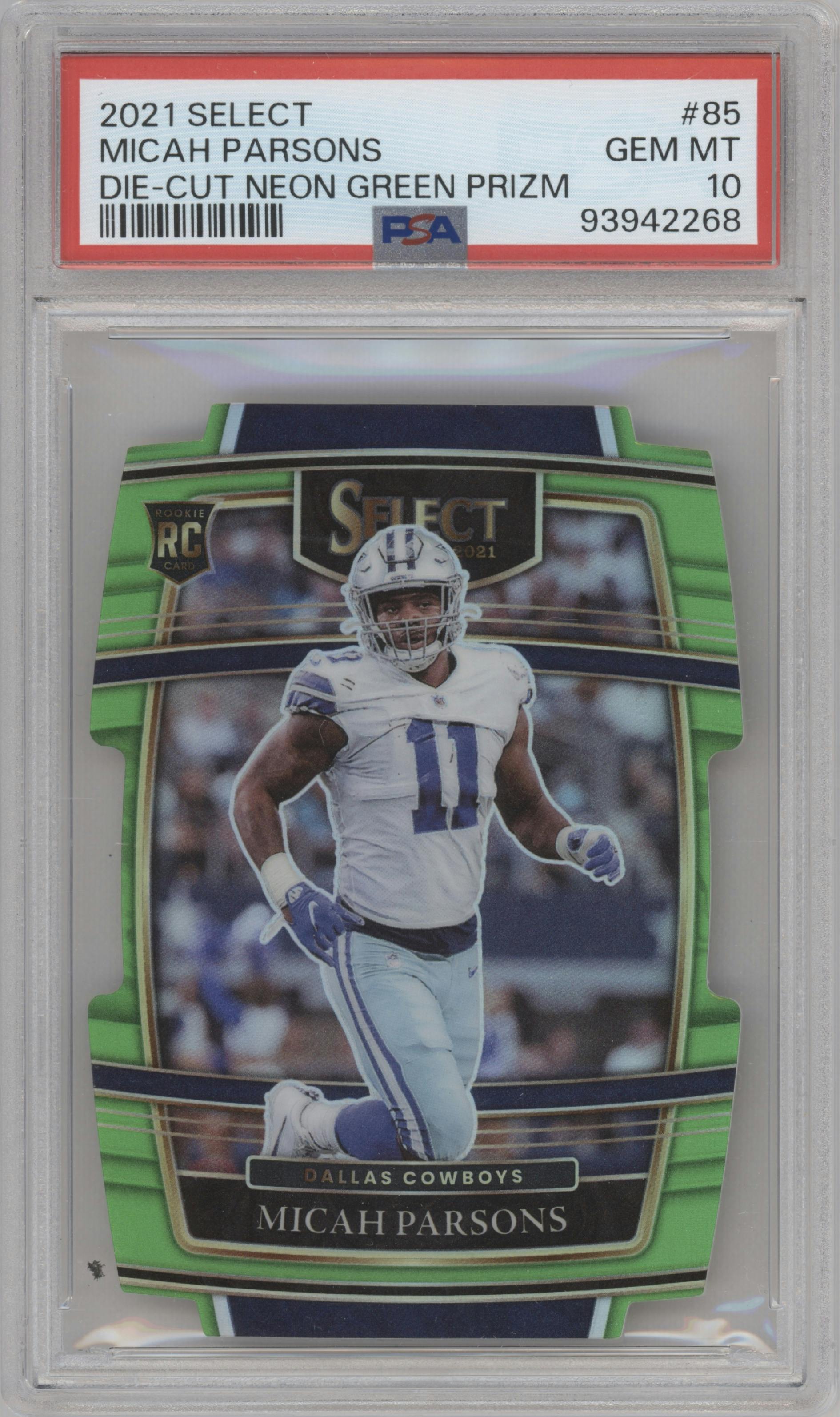 Micah Parsons from the 2021 Panini Select set featuring a Die-Cut Neon Green parallel graded by PSA and given an overall grade of 10.