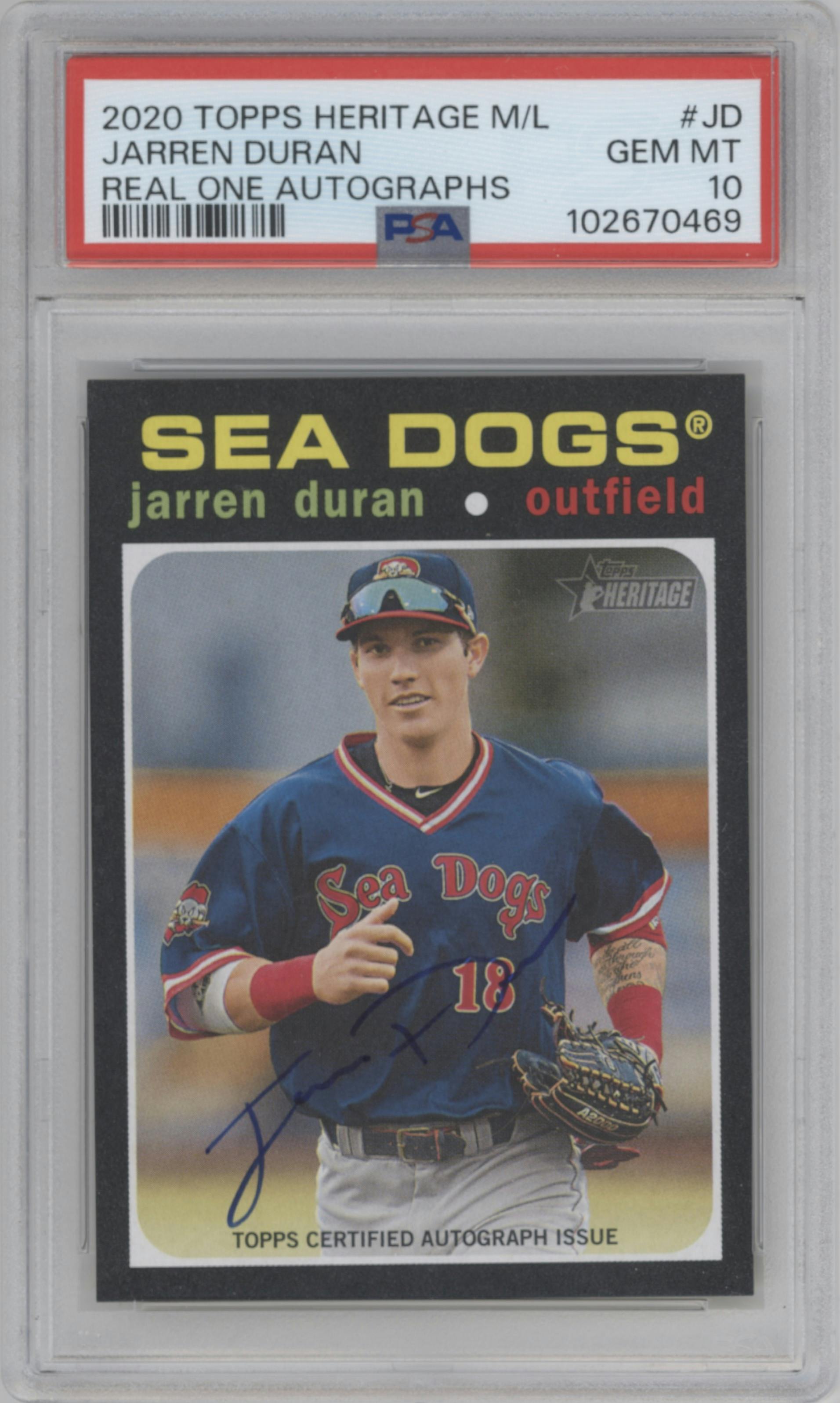 Jarren Duran from the 2020 Topps Heritage Minor League set graded by PSA and given an overall grade of 10.