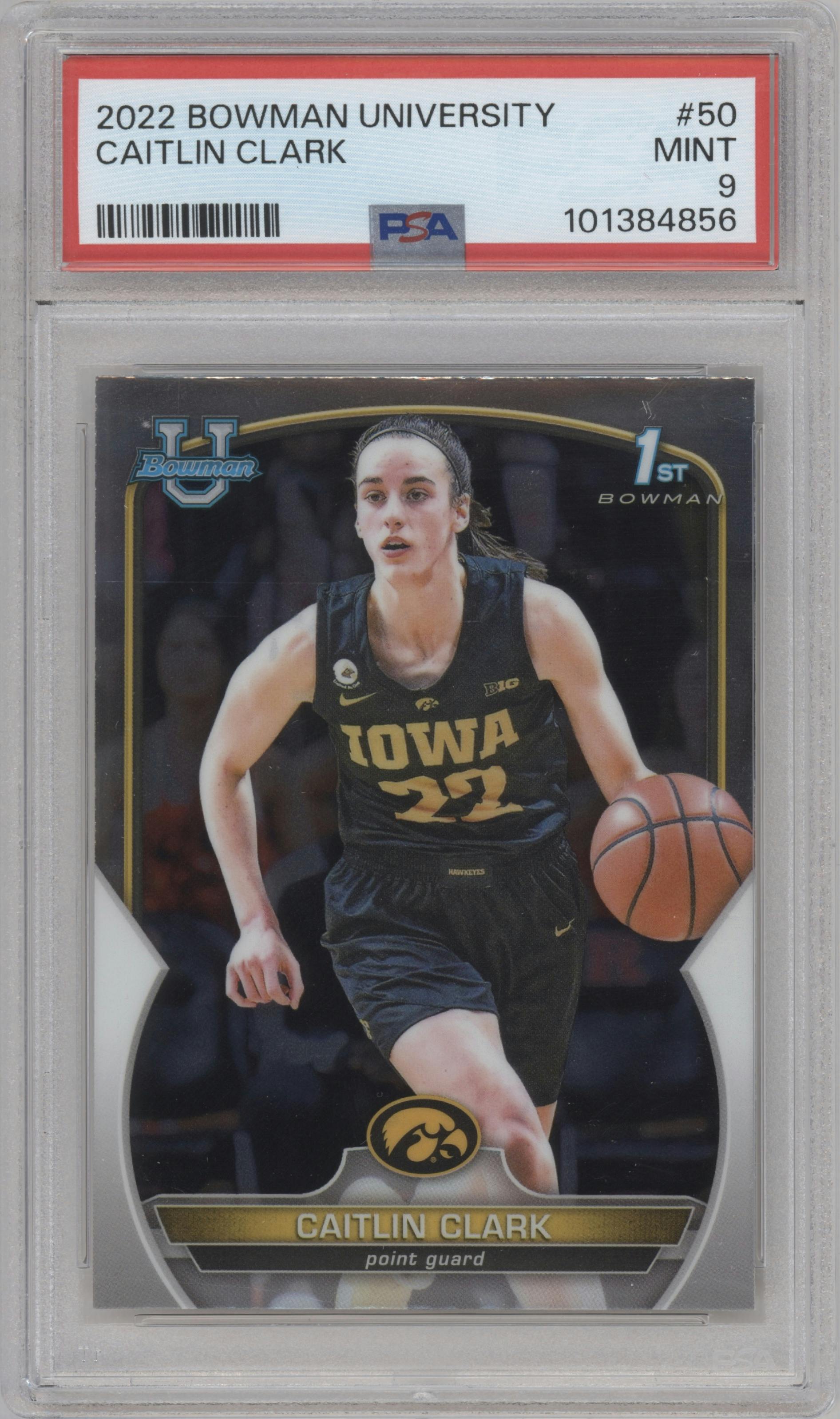 Caitlin Clark from the 2022-23 Bowman University Chrome set graded by PSA and given an overall grade of 9.