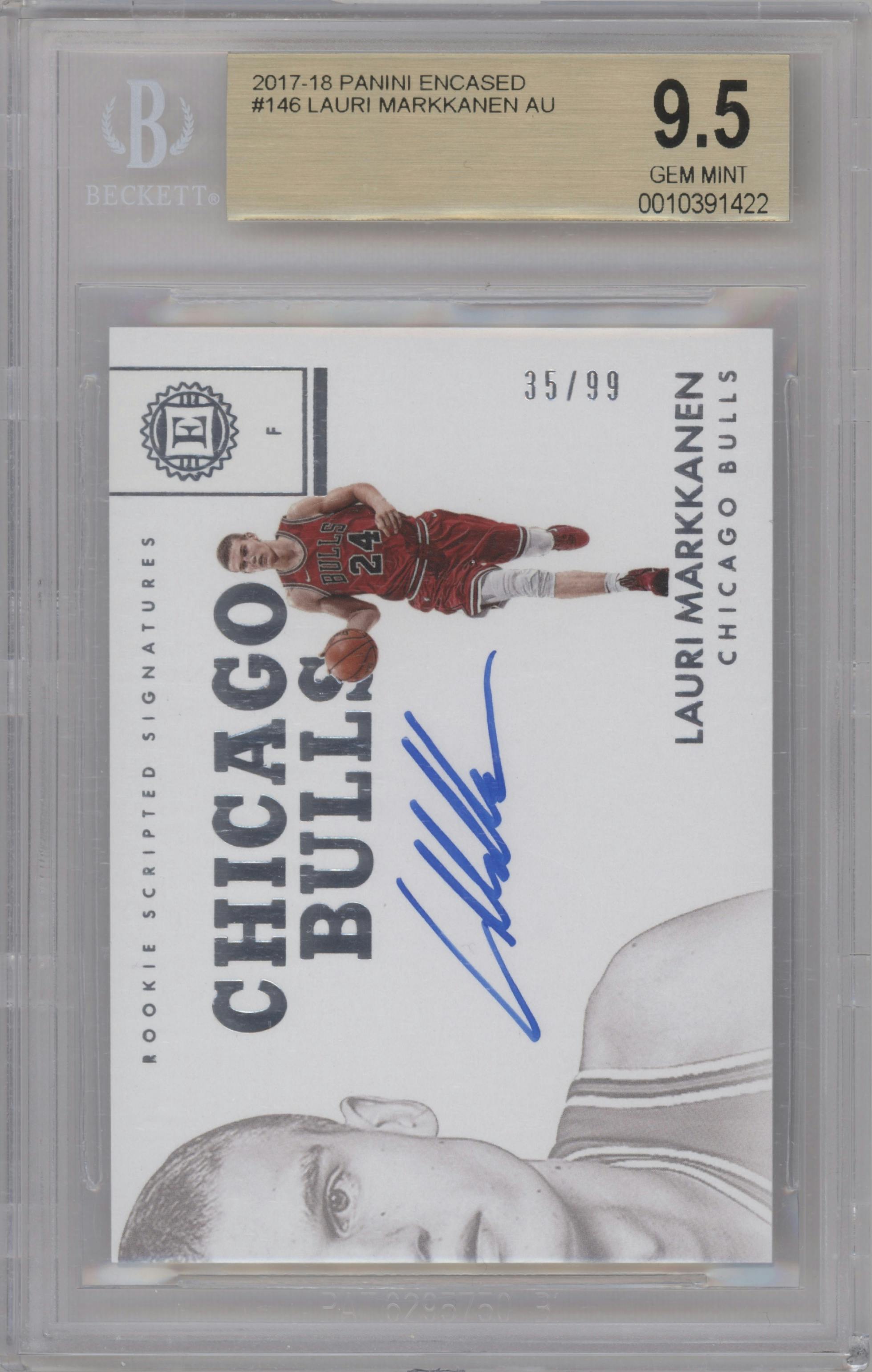Lauri Markkanen from the 2017-18 Panini Encased set graded by Beckett and given an overall grade of 9.5.