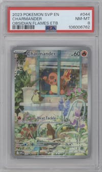 Charmander from the 2023 Pokemon SV set featuring a Obsidian Flame Elite Trainer Box parallel graded by PSA and given an overall grade of 8.